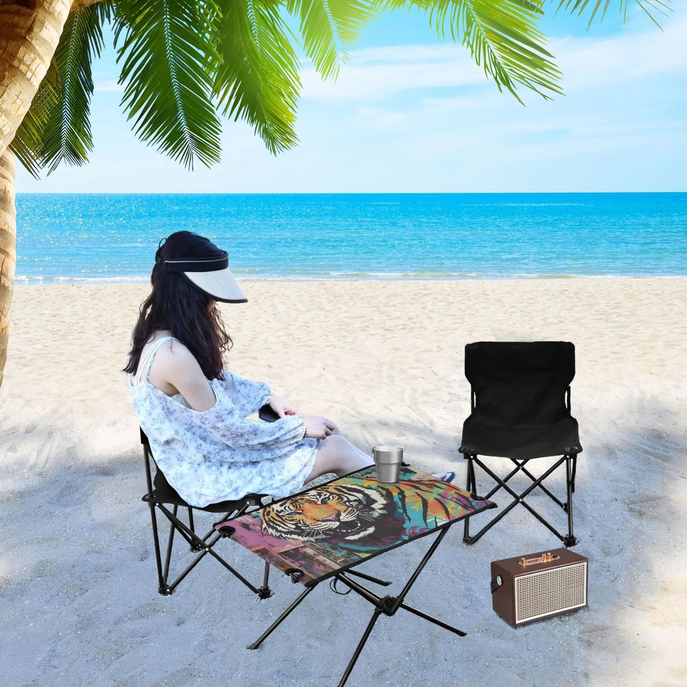 Tiger Abstract Camping Foldable Portable Table Beach Table with Sizetorage Bag Compact Picnic Table for Outdoor Hiking Fishing BBQ