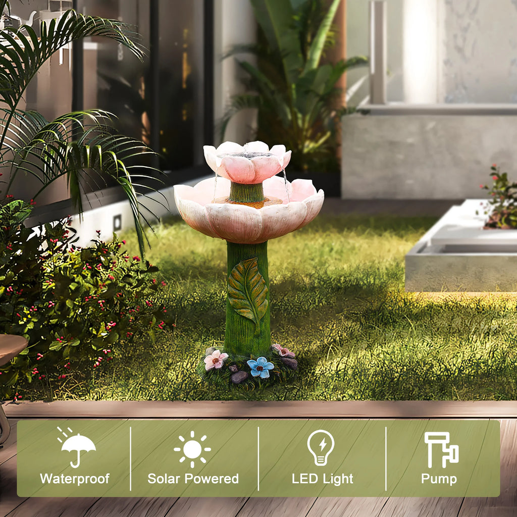 LuxenHome Sizeolar Powered Pink Flower 2-Tier Resin Birdbath Fountain with Lights