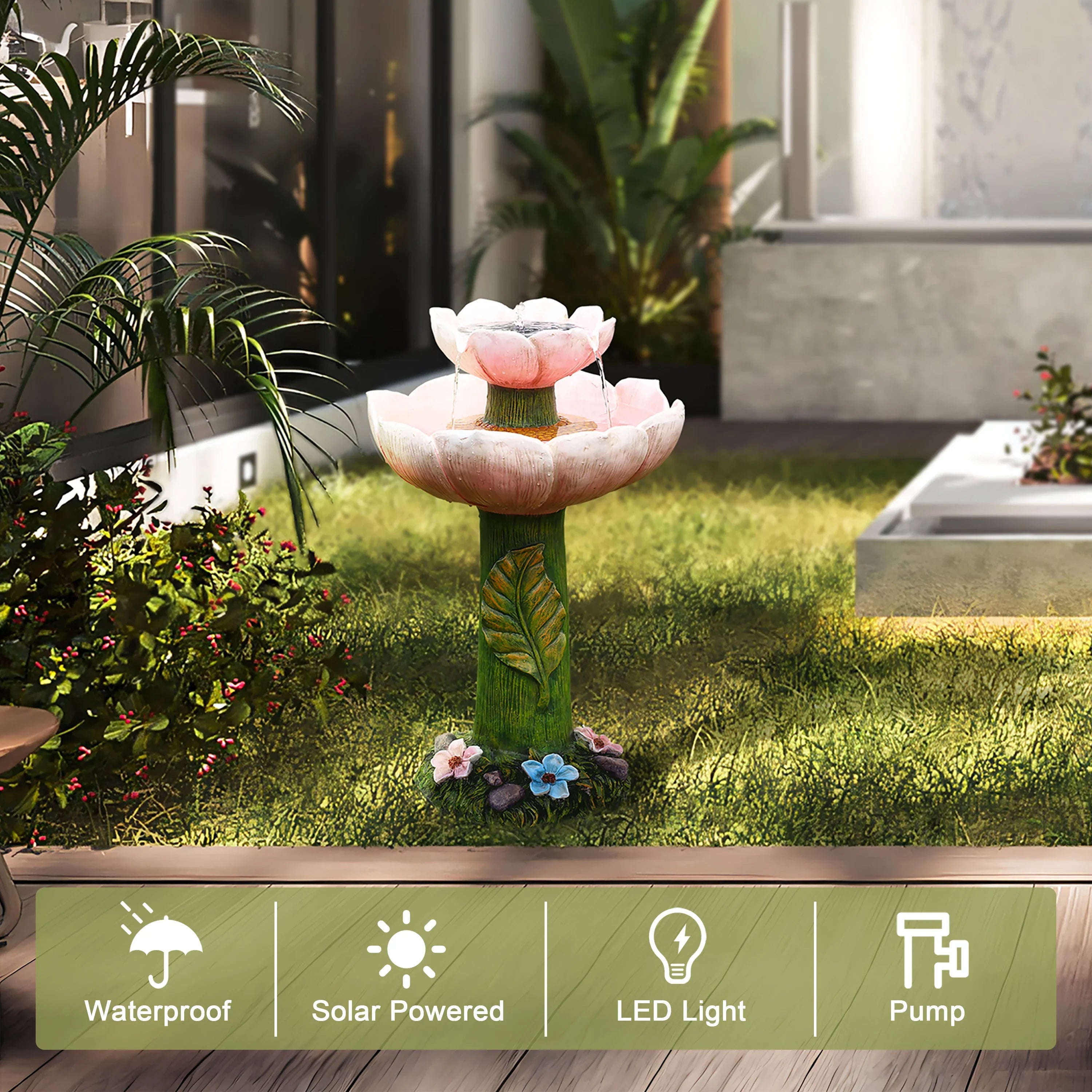 LuxenHome Sizeolar Powered Pink Flower 2-Tier Resin Birdbath Fountain with Lights