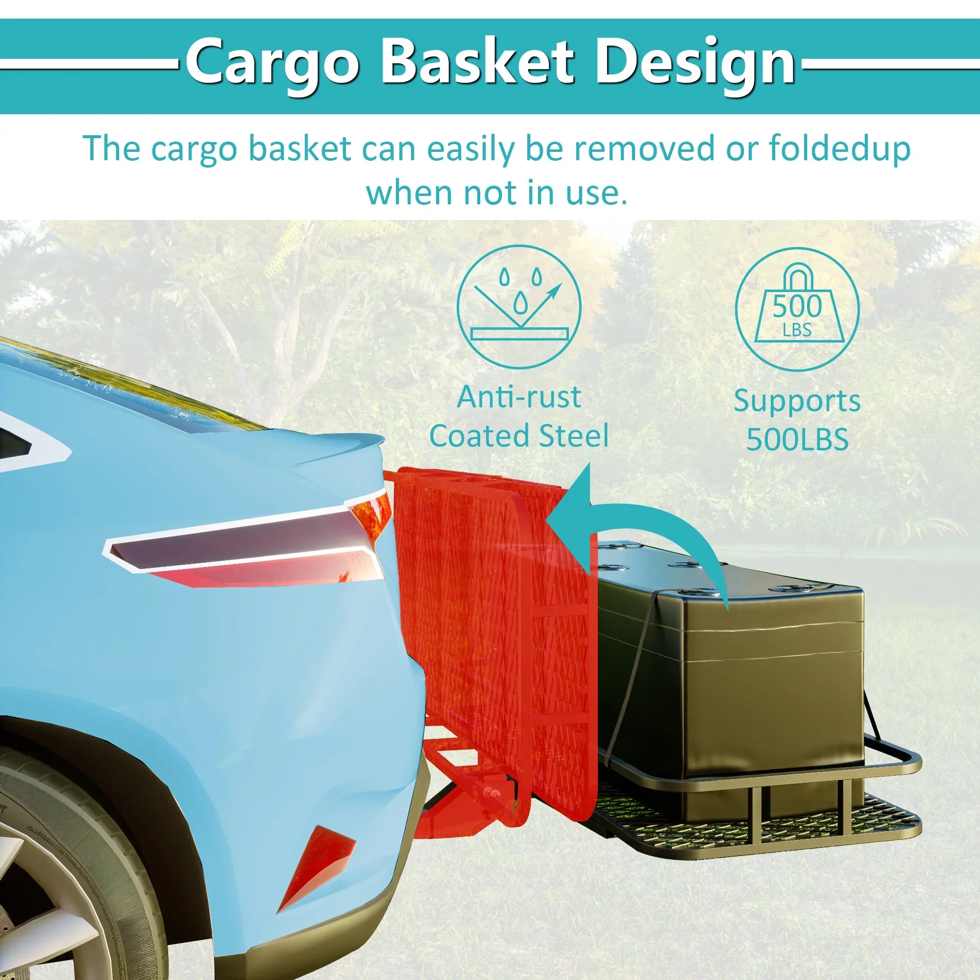 60" x 24" x 6" Hitched Mounted Folding Cargo Basket with a 500 lb Capacity for Car SizeUV Truck Trailer, Black
