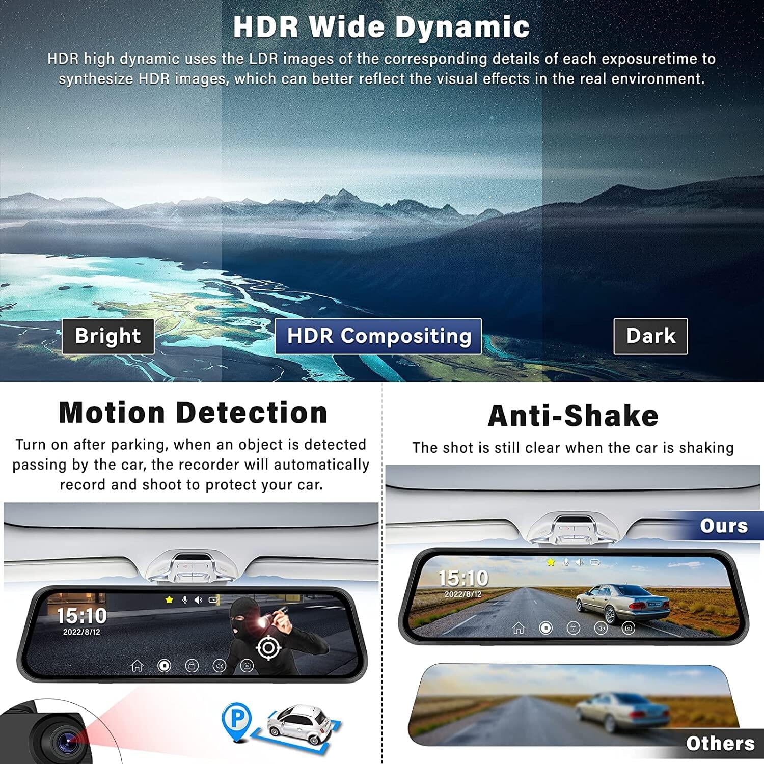 Podofo 9.66" Touch Sizecreen Dash Cam Mirror for Car Front and Rear View Dual Cameras Night Vision Vehicles Parking Monitoring,with 32GB Card