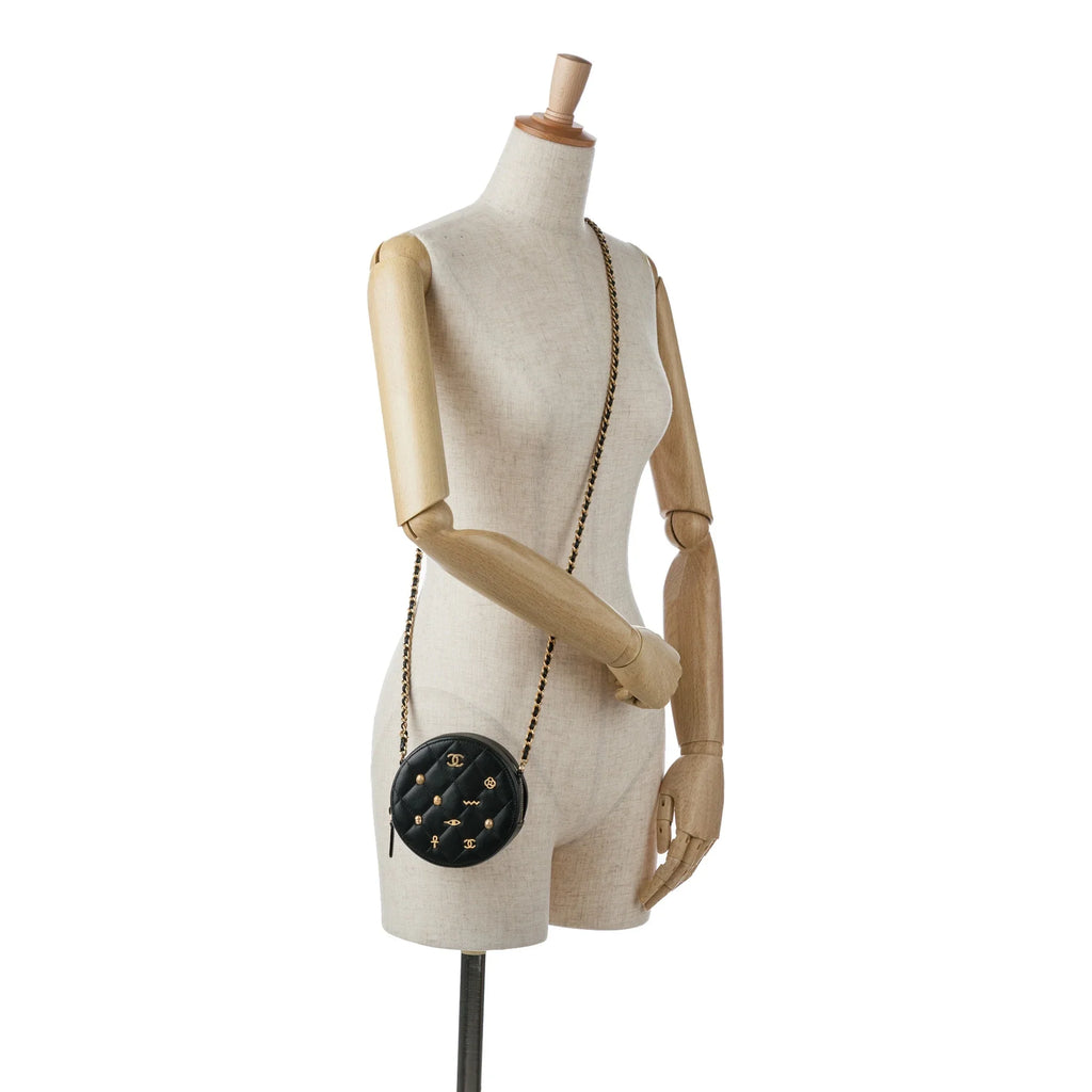 Pre-Owned Authenticated Chanel Lucky Charms Round Crossbody Bag Lambskin Leather Black Unisex (Good)