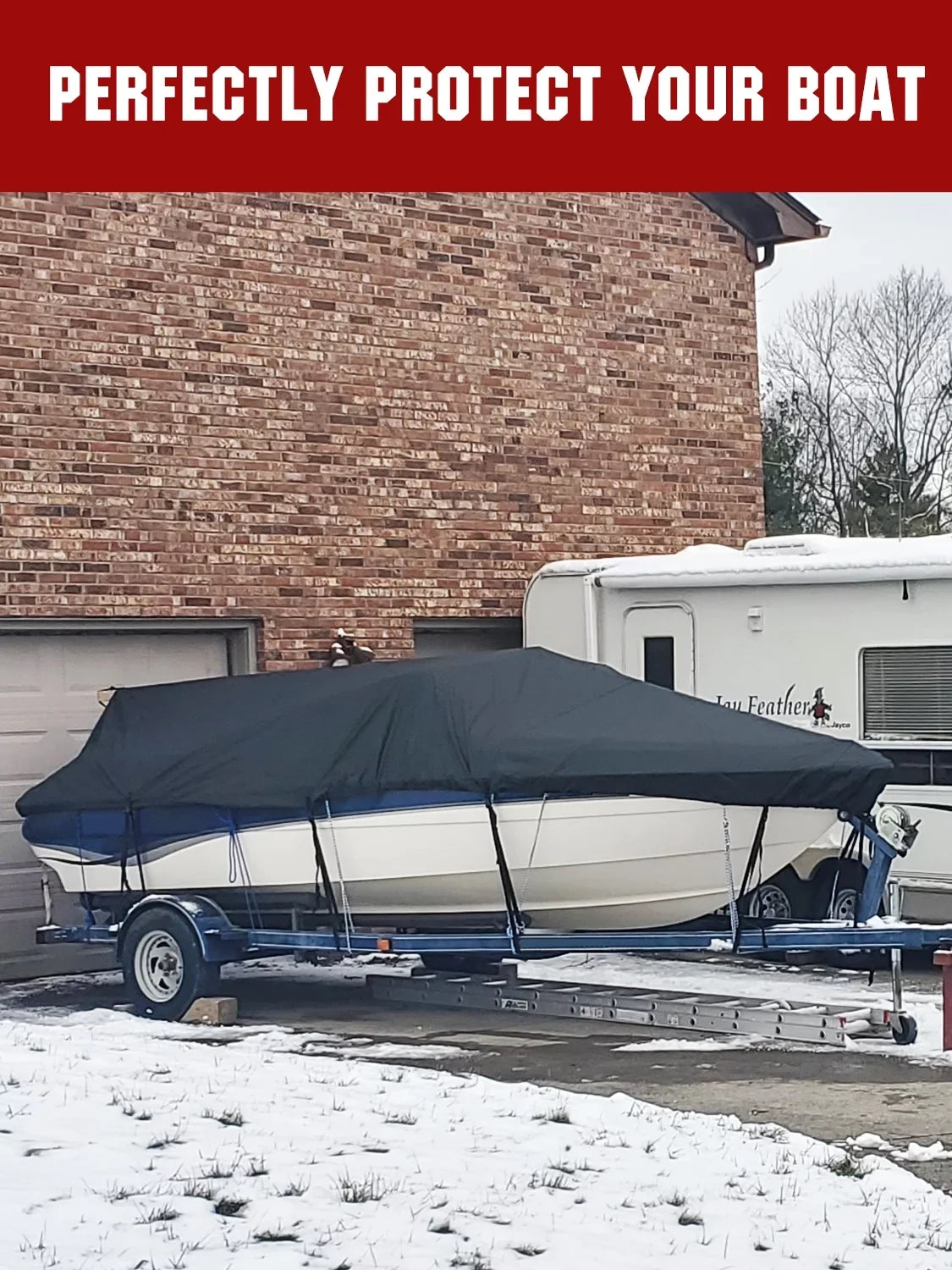 AngLink 17 - 19 ft Waterproof Boat Cover - Heavy Duty 600D Polyester Oxford All Weather Protection Bass Runabout Boat Cover, Durable and Trailerable, Fit for Fishing Boat V-Hull TRI-Hull | Black