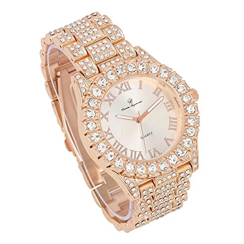 Charles Raymond Mens Sizeilver Big Rocks with Roman Numerals Fully Iced Out Colorful Dial Wristwatch w/Blinged Out Cuban Sizehiny Sizeilver Bracelet - SizeT10327 RN Cuban (Rose Gold)