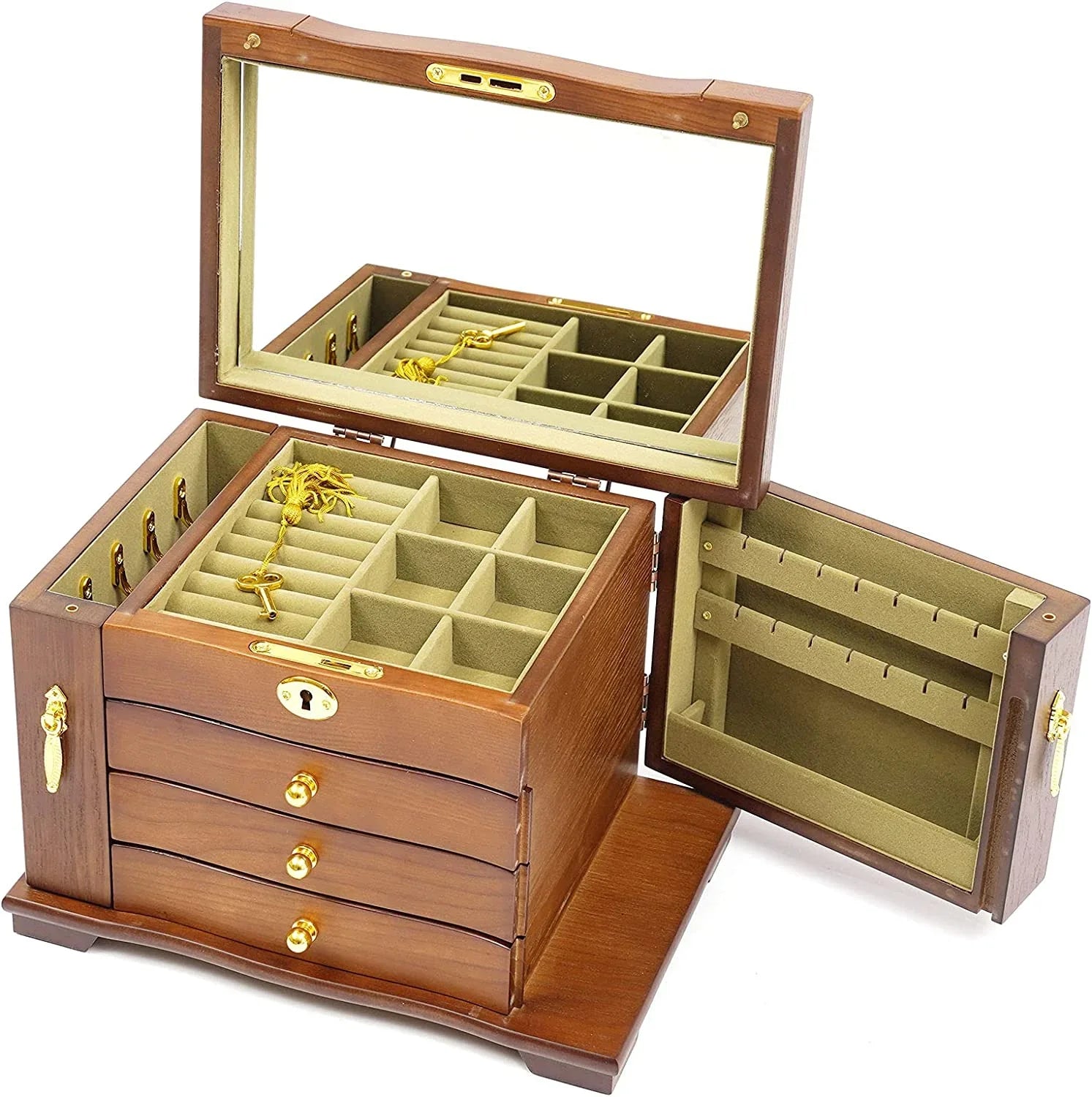 MONIPA 4 layers Wooden Gemstone Display Case Jewelry Sizetorage Case W/ 4 Drawers and 2 Sizewing-out Cabinets