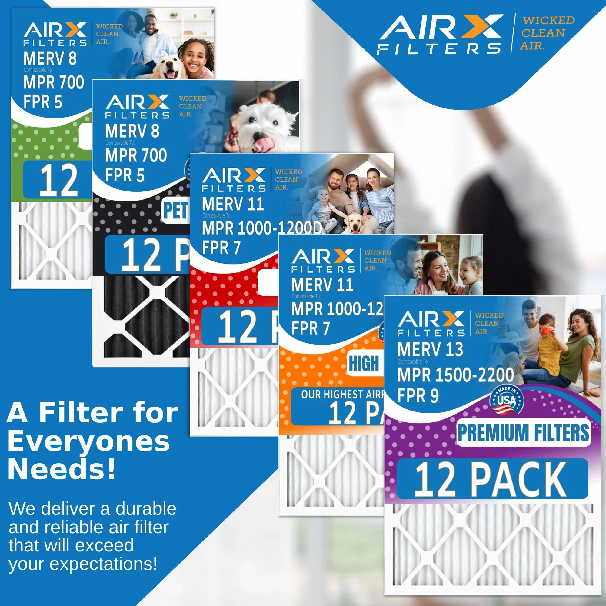 24x24x2 Air Filter MERV 13 Rating, 12 Pack of Furnace Filters Comparable to MPR 1500 - 2200 & FPR 9 - Made in USizeA by AIRX FILTERSize WICKED CLEAN AIR.