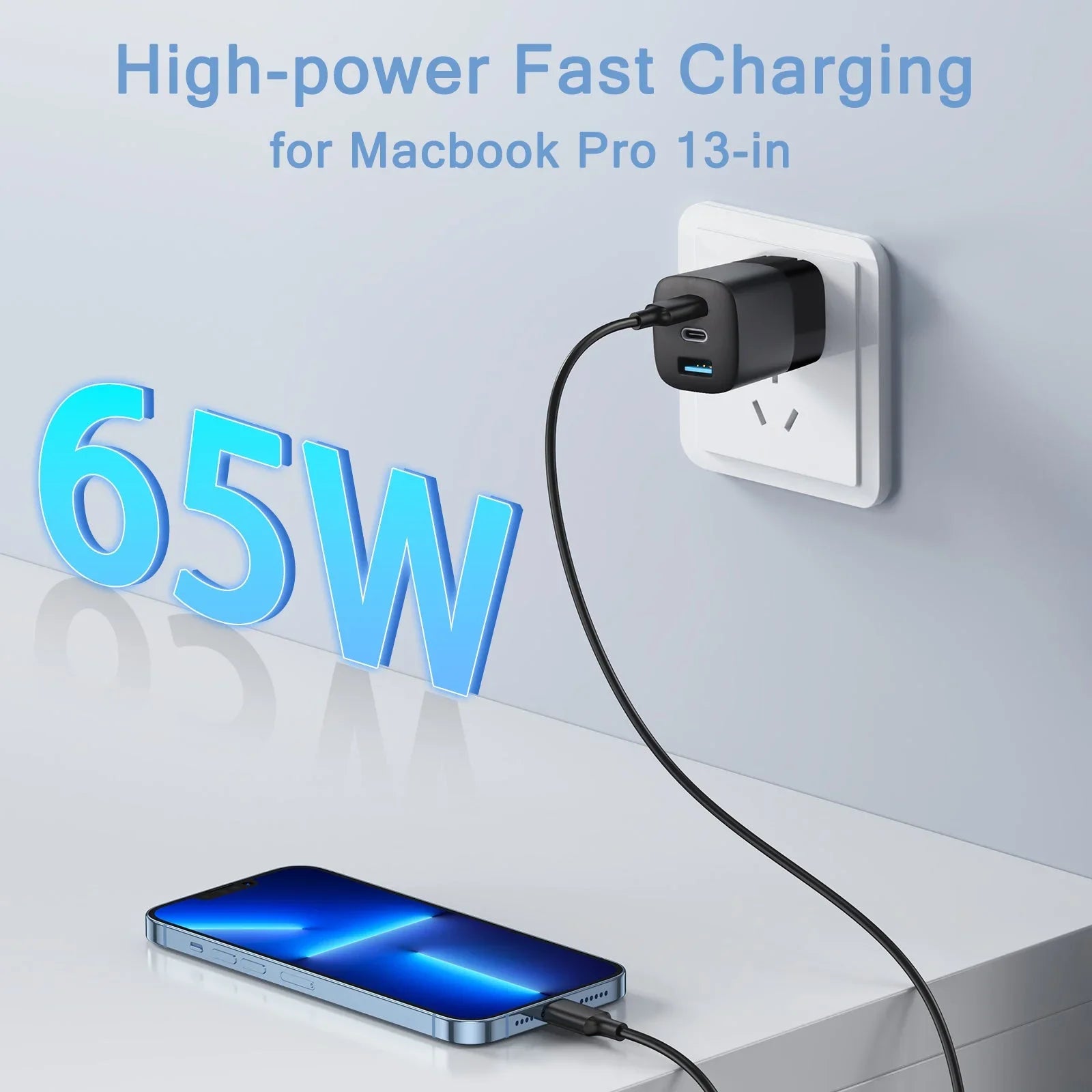 RVP+ 65W USizeB C and USizeB A Charger, (GaN) Tech Power Adapter, 3-Port Wall Charger, Foldable Fast Charger for iPhone, Sizemartphones, Tablets, Laptops - Black