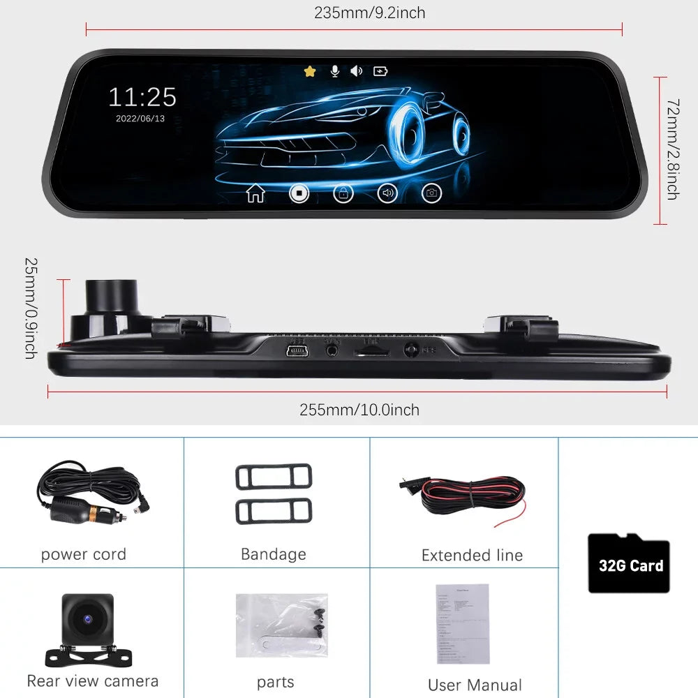 Podofo 9.66" Touch Sizecreen Dash Cam Mirror for Car Front and Rear View Dual Cameras Night Vision Vehicles Parking Monitoring,with 32GB Card