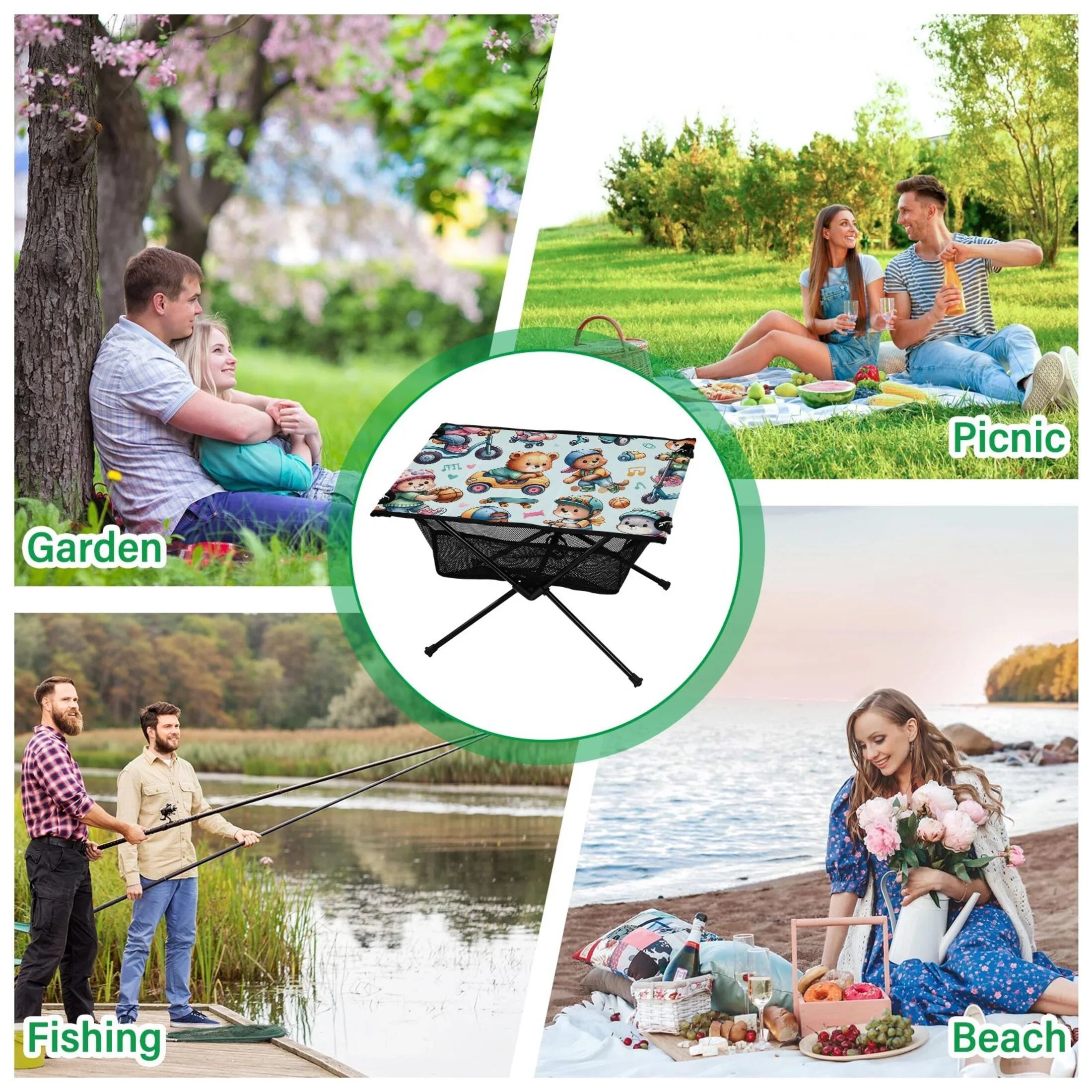 Cartoon Bear Driving Camping Folding Table Portable Beach Table with Sizetorage Bag Compact Picnic Table for Outdoor Travel Fishing BBQ