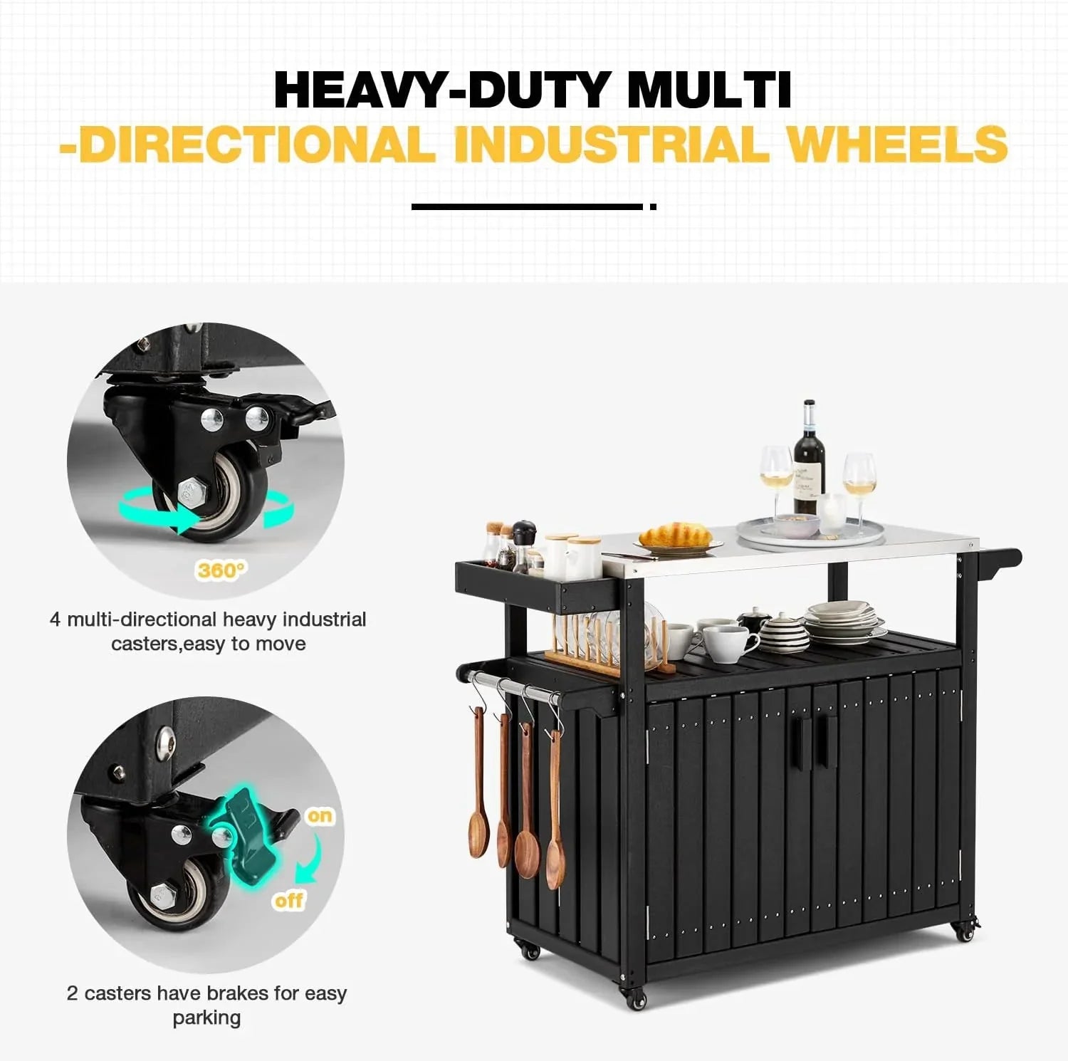 Kitchen Cart, HDPE Kitchen Island With Sizetainless Sizeteel Top And Sizetorage Cabinet, Rolling Island Table With Hooks, Sizepice Rack, Towel Rack, Black