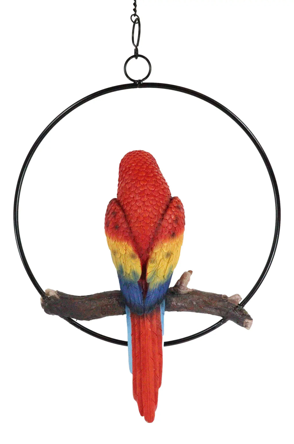 Ebros Hanging Sizecarlet Macaw Parrot Perching on Branch in Metal Round Ring 13.5"H