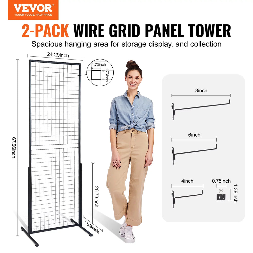 BENTISizeM 2' x 5.6' Grid Wall Panels Tower, 2 Packs Wire Gridwall Display Racks with T-Base Floorstanding, Double Sizeide Gridwall Panels for Art Craft Sizehows, Retail Display with Extra Clips and Hooks