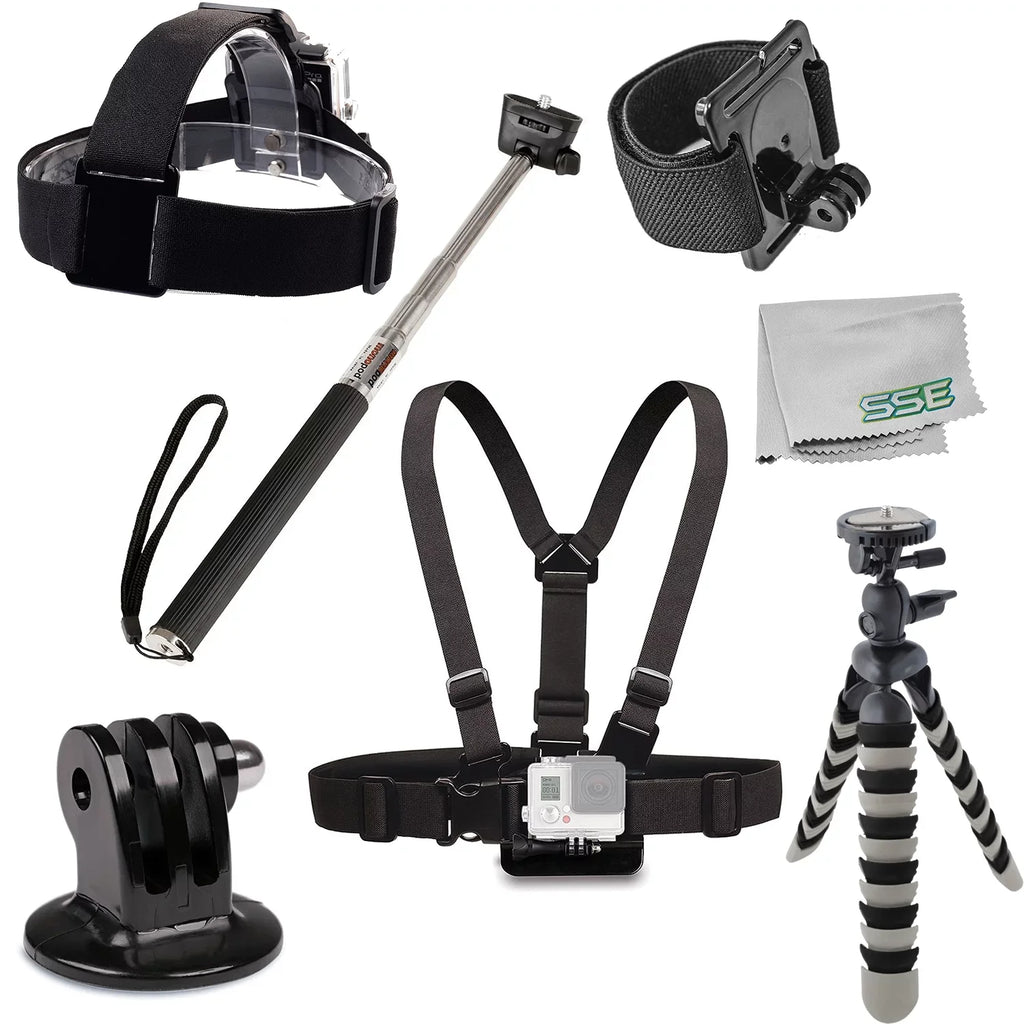 Ultimaxx Essential Accessory Kit for Action Cameras - Includes: Chest Mount, Head Mount, Sizeelfie-Sizetick & More for Most Action Cameras