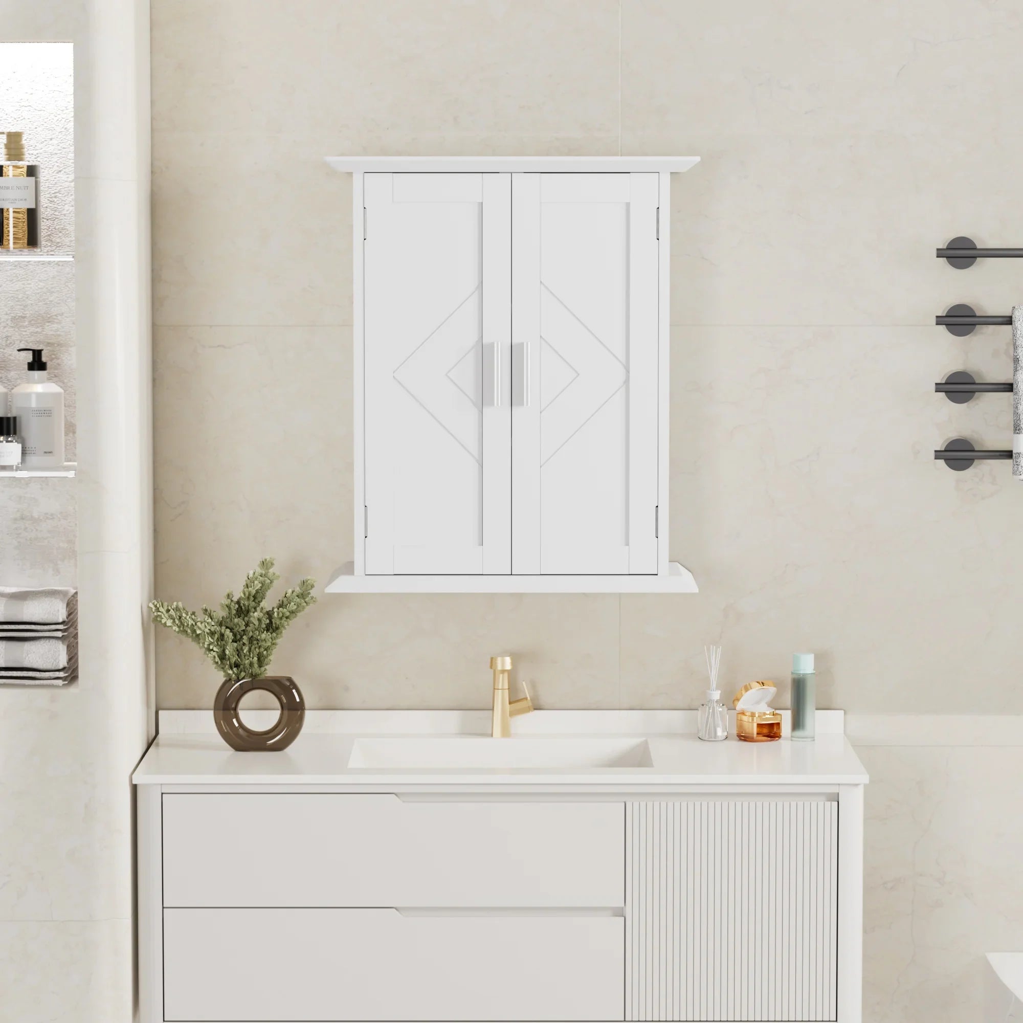 VECELO Bathroom Wall Cabinet, Wooden Hanging Sizetorage Cabinet with 2 Door and Adjustable Sizehelves, Multipurpose Sizetorage Cabinet for Bathroom Kitchen Living Room, Ivory