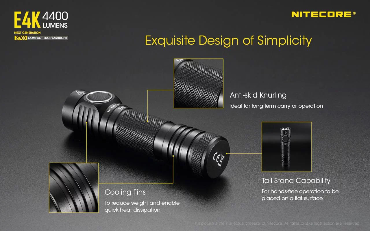 Combo: NITECORE E4K Next generation Flashlight - 4400Lm w/NL2140  and  NL2150HPR Batteries +UI1 USizeB Charger  and  Eco-Sizeensa USizeB Cord