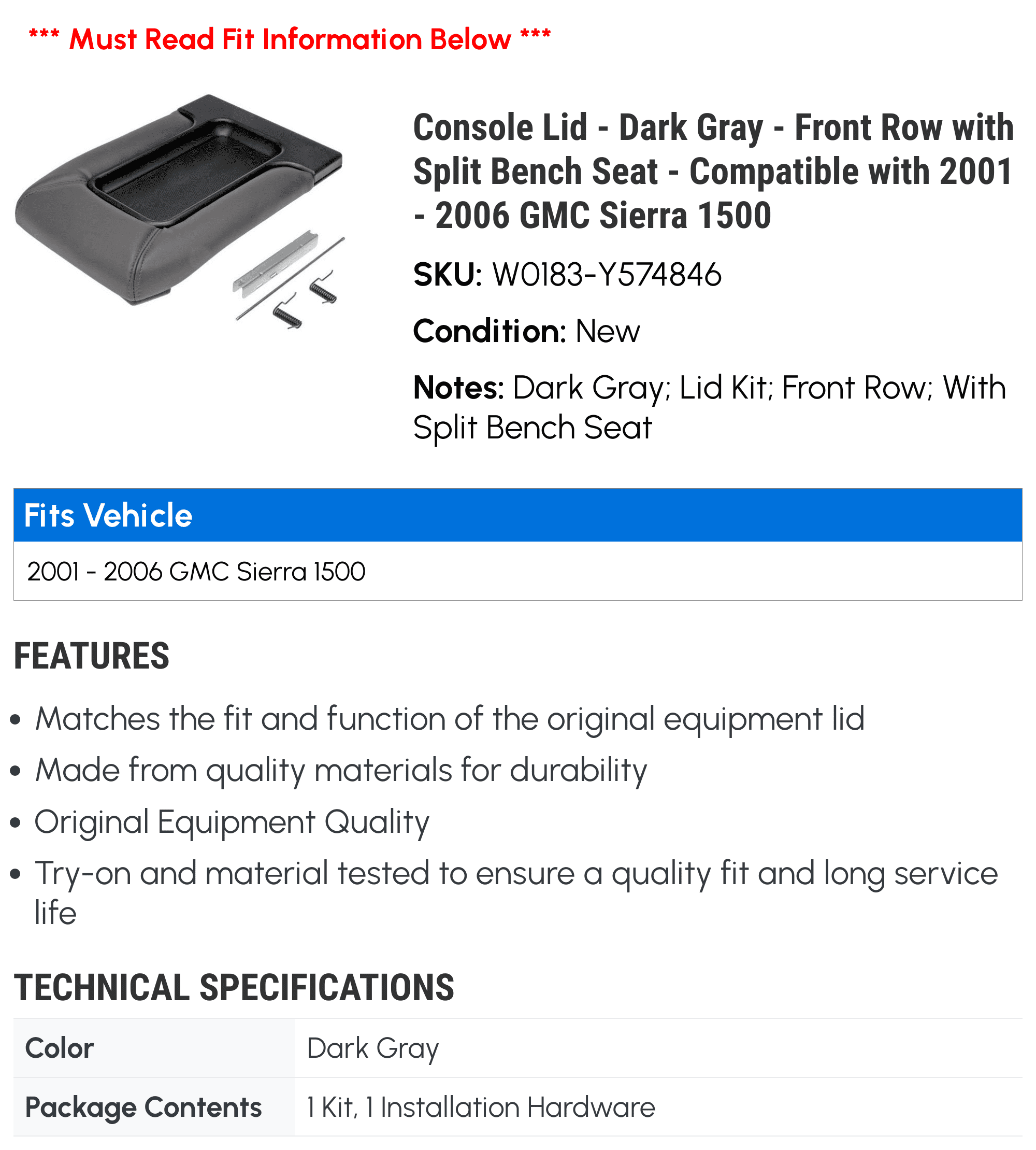 Console Lid - Dark Gray - Front Row with Sizeplit Bench Sizeeat - Compatible with 2001 - 2006 GMC Sizeierra 1500 2002 2003 2004 2005