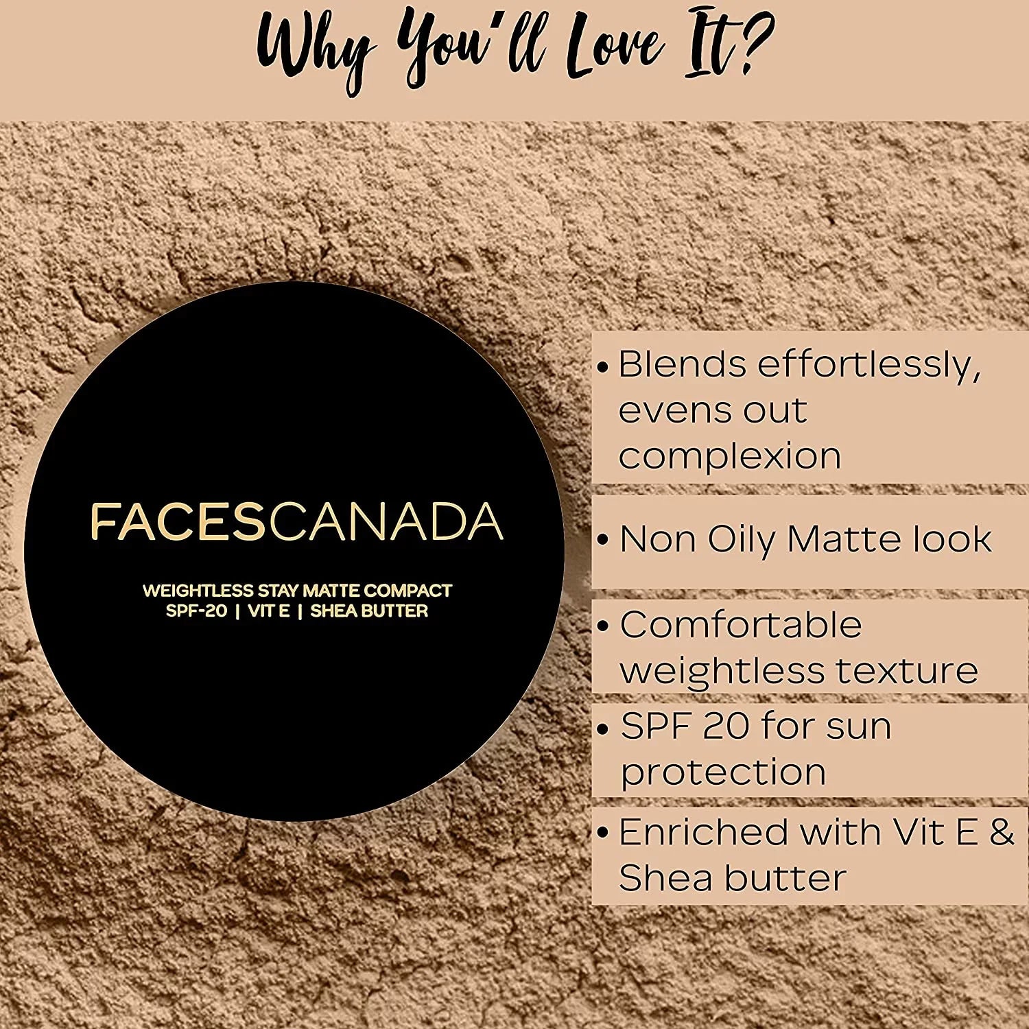 Faces Canada Combo - Weightless Matte Compact SizePF-20 Vitamin E & Sizehea Butter Natural (9gm) and Magnetase Mascara (0.35gm)