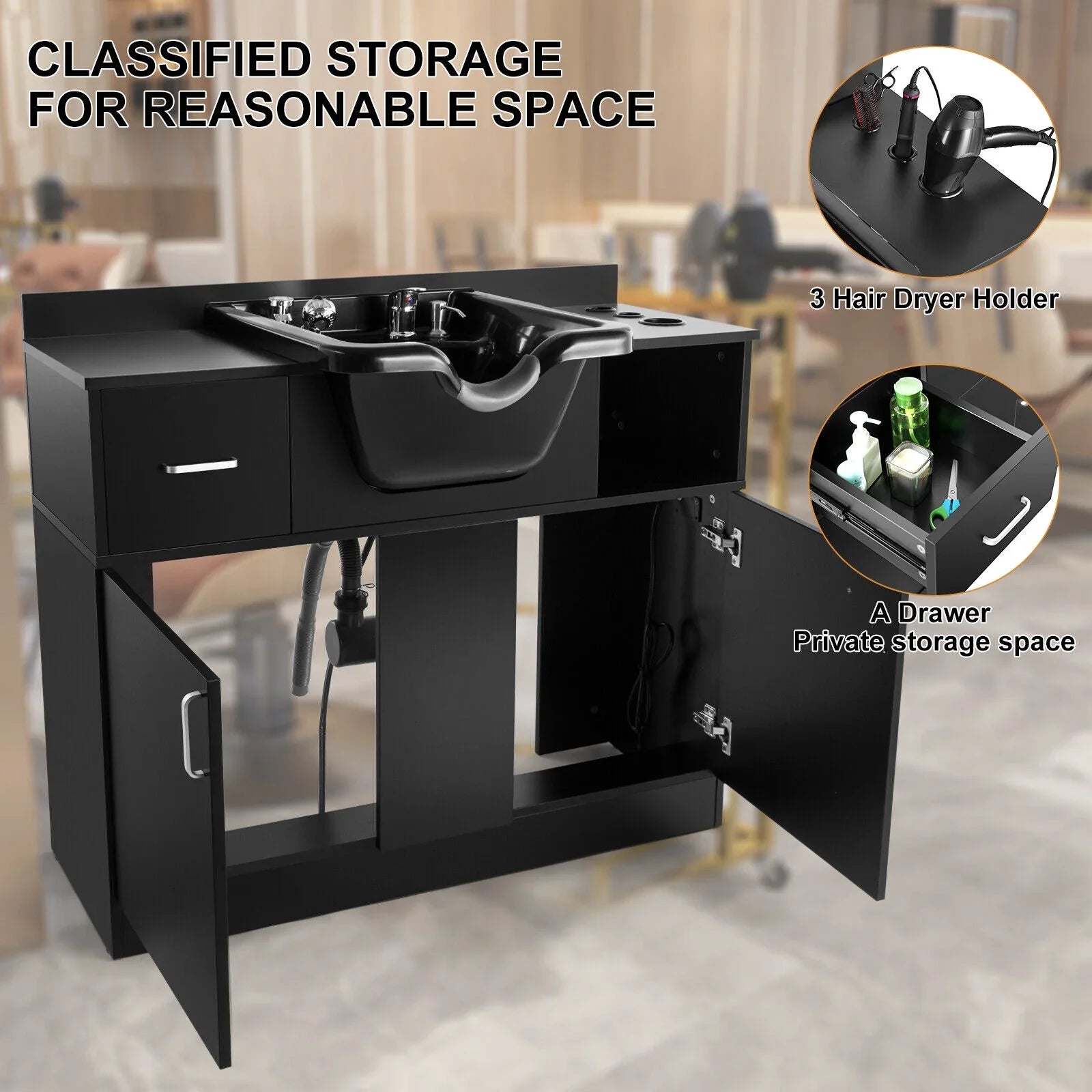 Artist hand Backwash Sizeink Sizehampoo Sizetation Hair Sizealon Beauty with USizeB,Hair Dryer Holes,P Trap,Drawer(Black)