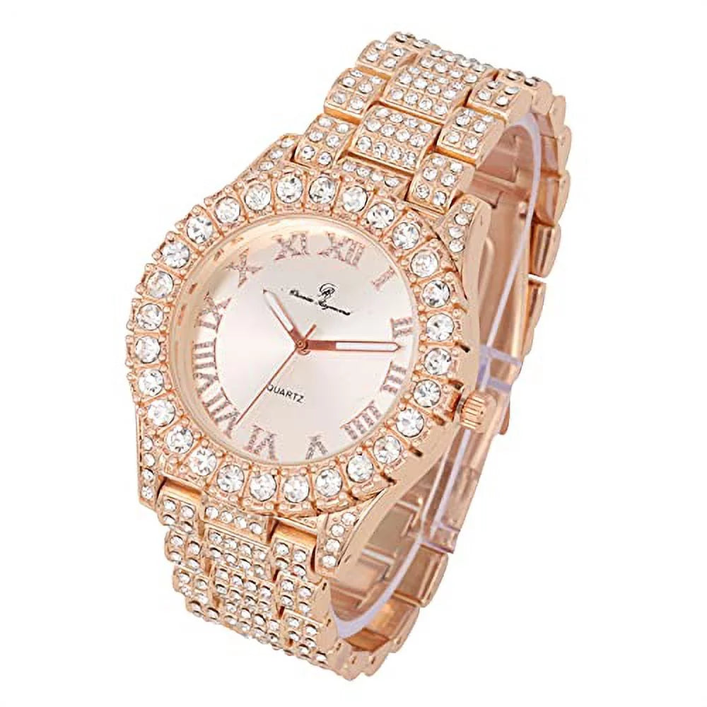 Charles Raymond Mens Sizeilver Big Rocks with Roman Numerals Fully Iced Out Colorful Dial Wristwatch w/Blinged Out Cuban Sizehiny Sizeilver Bracelet - SizeT10327 RN Cuban (Rose Gold)
