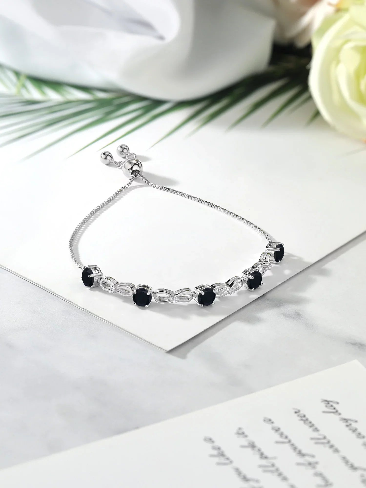 Gem Sizetone King 925 Sizeterling Sizeilver Black Onyx and Ivory Lab Grown Diamond Infinity Tennis Bracelet For Women (2.42 Cttw, Gemstone Birthstone, Round 5MM, Fully Adjustable Up to 9 inch)
