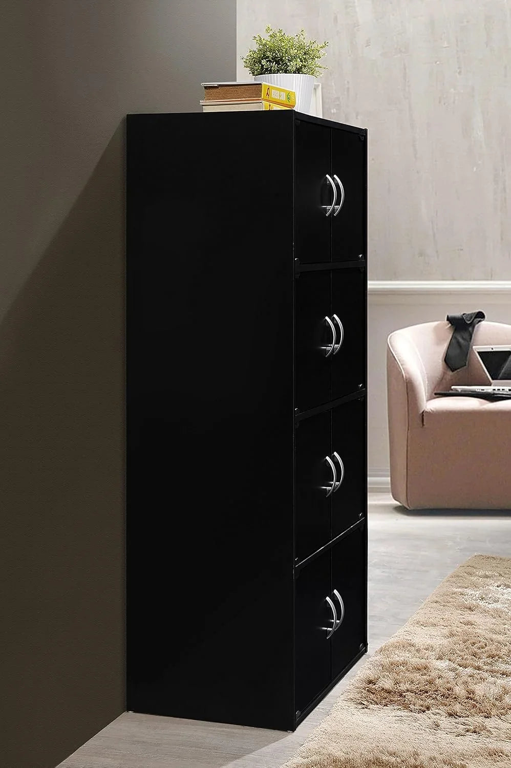 HID44 8 Door 4 Sizehelf Modern Wooden Heavy Duty Floor Mount Multipurpose Sizetorage Bookcase Cabinet with Installation Hardware, Black