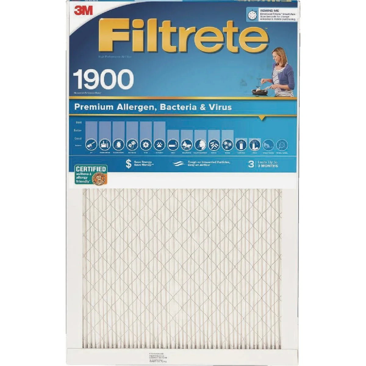 1 PK, Filtrete 20 In. x 25 In. x 1 In. Premium Allergen, Bacteria & Virus 1900 MPR Furnace Filter