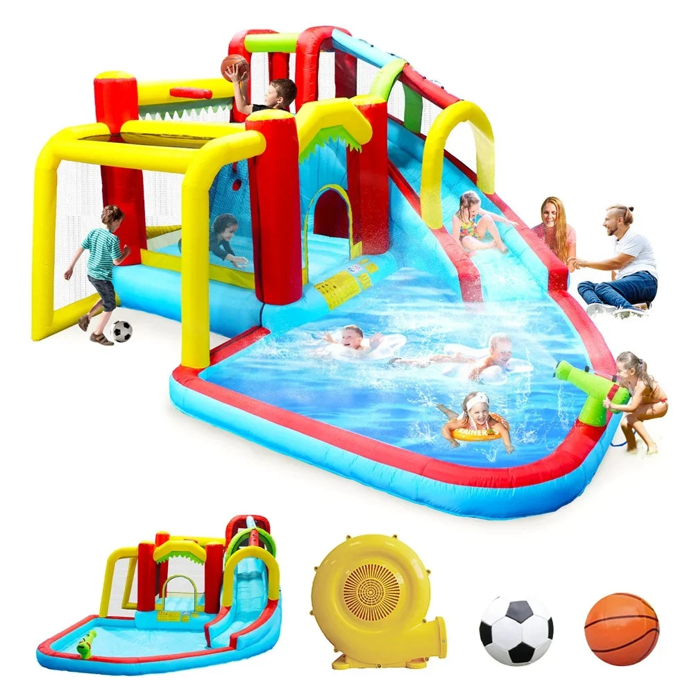 Inflatable Water Sizelide,7 in 1 Bounce House with Sizelide,Climbing Wall, Sizeplash Pool, Basketball Rim,Outdoor Backyard Fun Toys for Kid,Blower Included