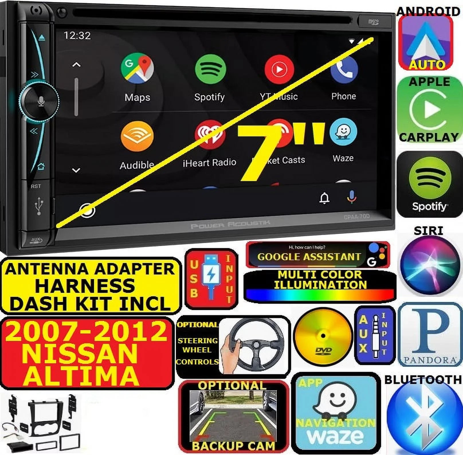 FITSize/FOR 07-12 ALTIMA NAV BLUETOOTH CD/DVD CARPLAY ANDROID AUTO CAR RADIO