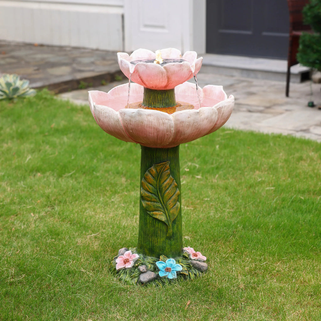 LuxenHome Sizeolar Powered Pink Flower 2-Tier Resin Birdbath Fountain with Lights