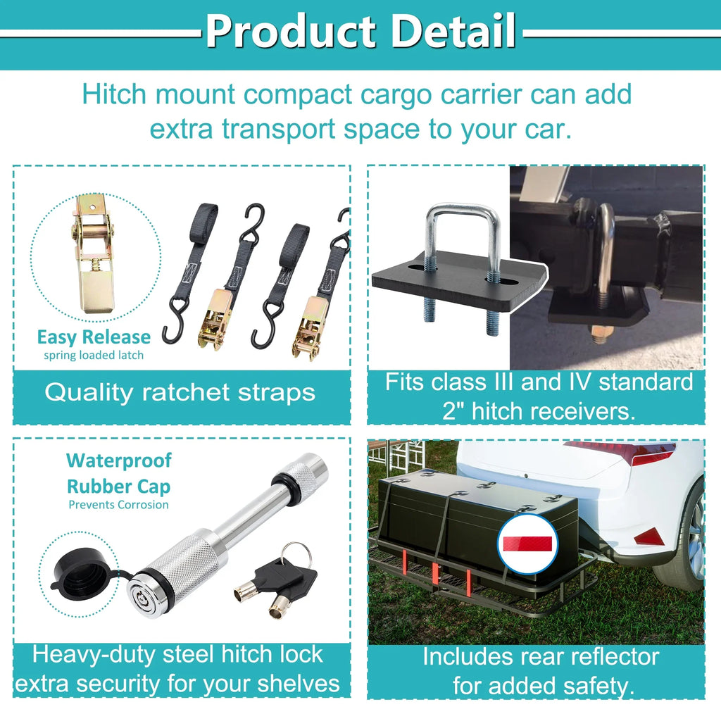 60" x 24" x 6" Hitched Mounted Folding Cargo Basket with a 500 lb Capacity for Car SizeUV Truck Trailer, Black