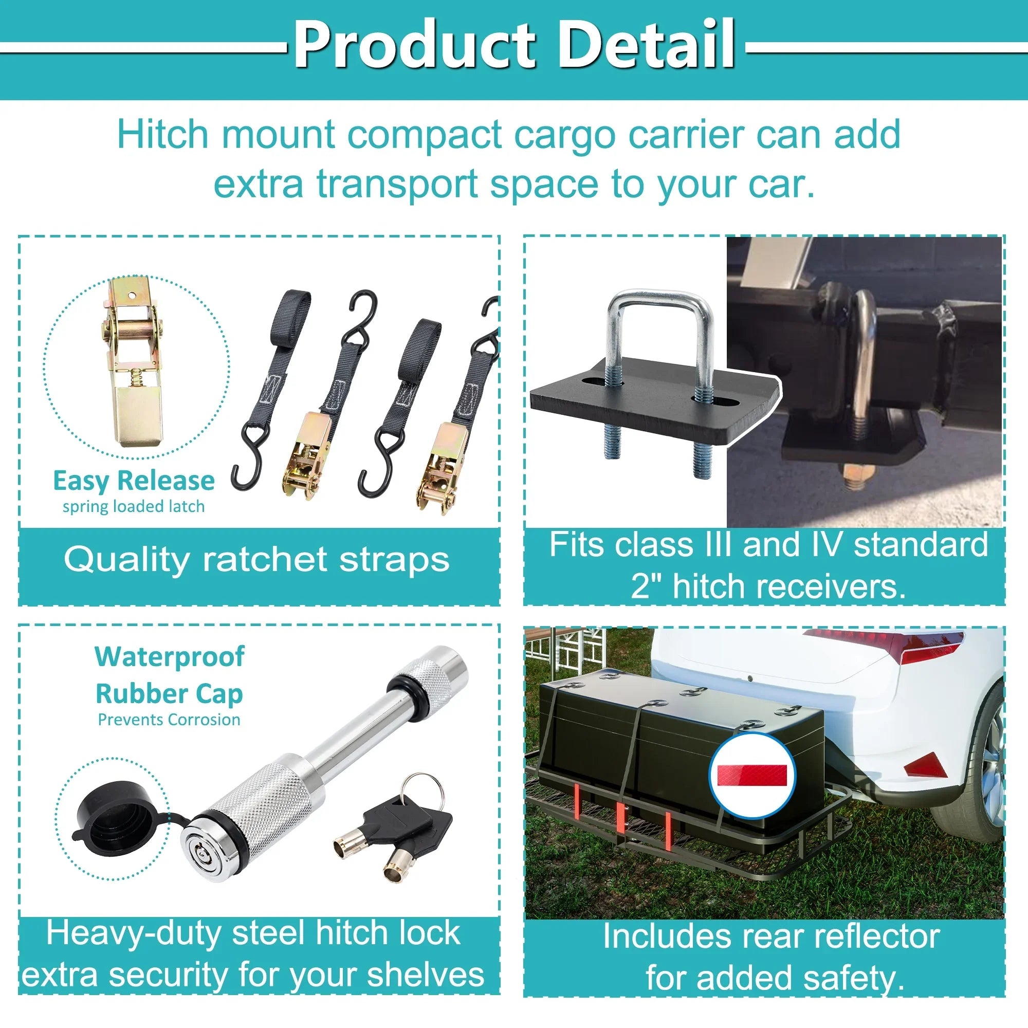 60" x 24" x 6" Hitched Mounted Folding Cargo Basket with a 500 lb Capacity for Car SizeUV Truck Trailer, Black