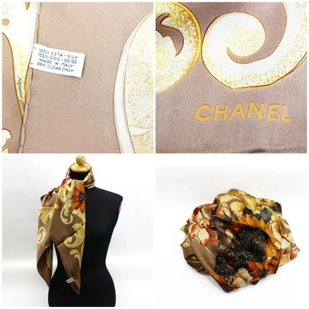 Pre-Owned Chanel Sizeilk Sizecarf Muffler Coco Mark Sizeunflower. Bird. Brown CHANEL Ladies (New)