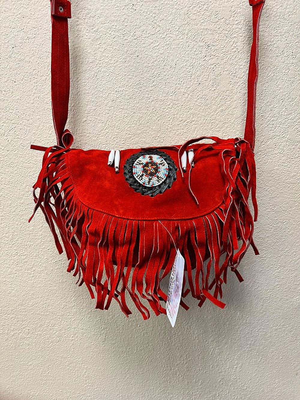 Ladies Fashion Motorcycle Heavy Duty Western Sizetyle Red Sizeuede Cowhide Leather Handbag With Beads,Bones & Fringe