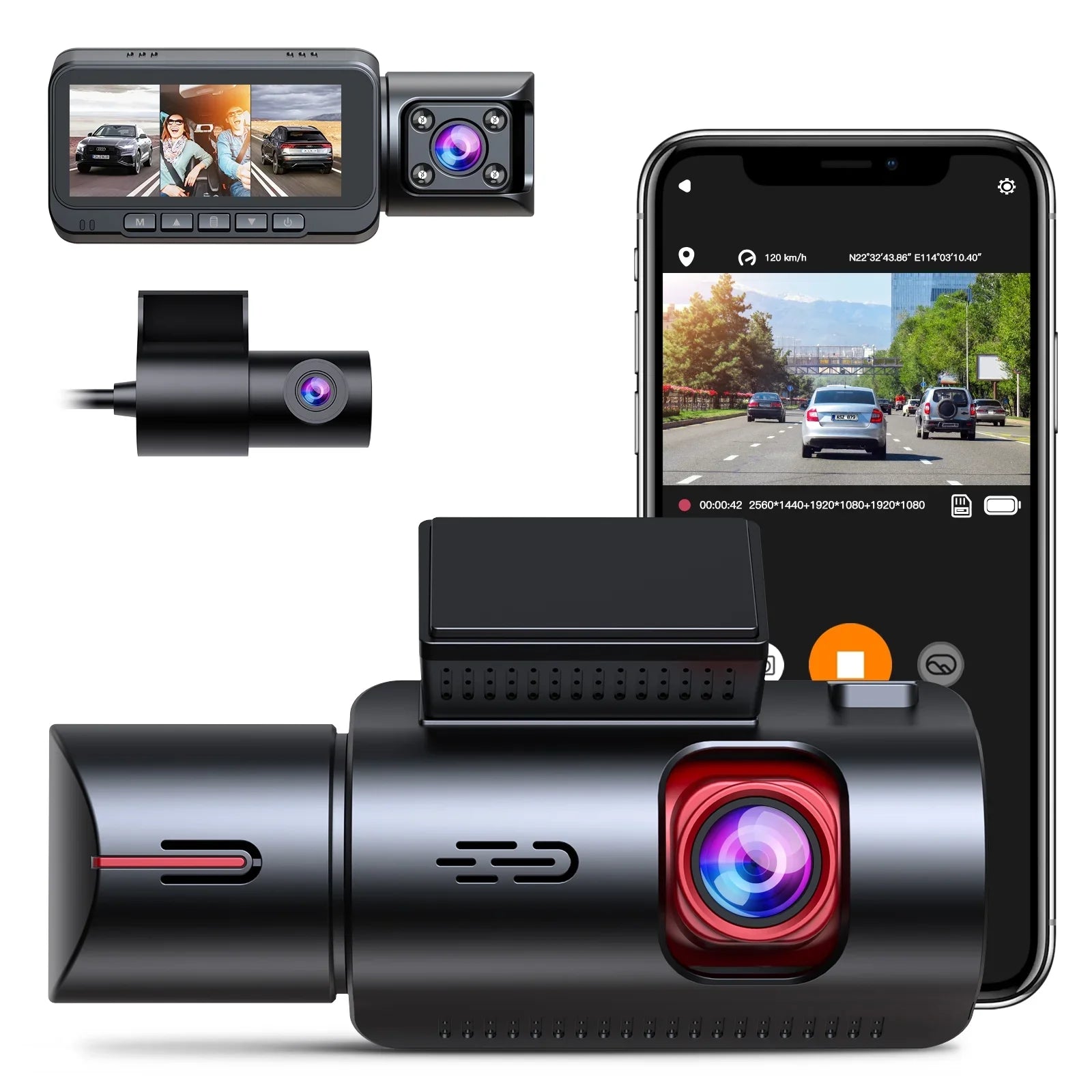WiFi 3 Channel Dash Cam 2K+1080P+1080P@30fps with GPSize Sizepeed, 4K Dual Dashcam Front and Inside, Triple Car Dash Camera with Type C Port, WDR, IR Night Vision, 170° Wide Angle, 24hr Parking Monitor