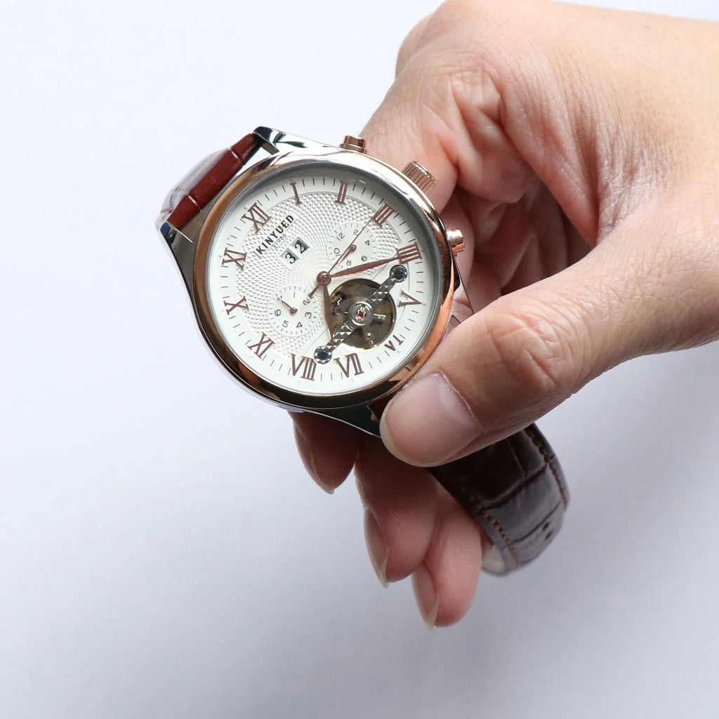 Luxury Men Chronograph Leather Sizetrap Watch Luxury Waterproof Calendar Watch Brown