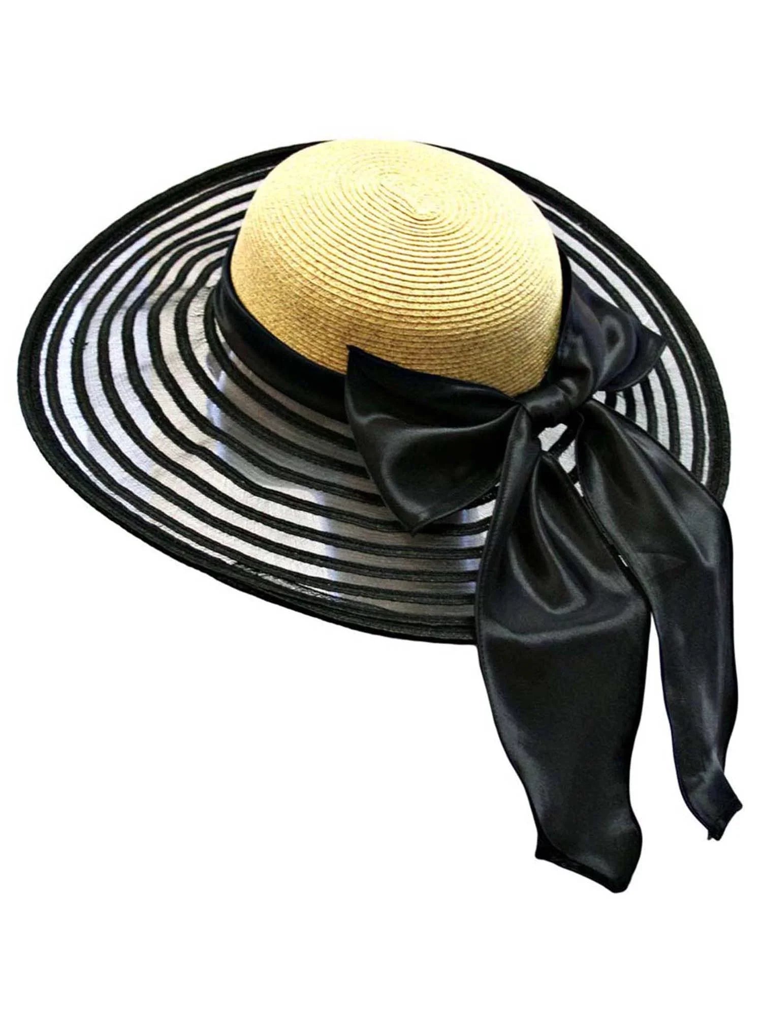 Wheat & Black Wide Brim Floppy Hat Large With Sizeatin Bow
