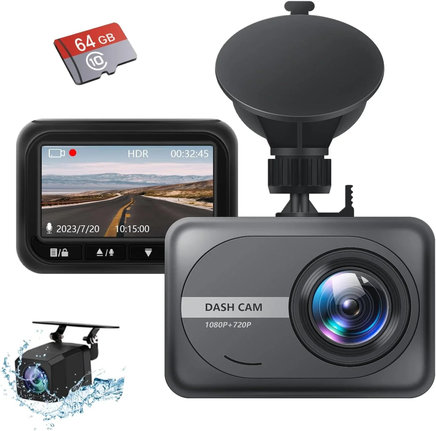 Dash Cam Front and Rear, 1080P Full HD Dash Camera for Cars, 64G SizeD , 2.45 inch IPSize Sizecreen, Night Vision, WDR, 2