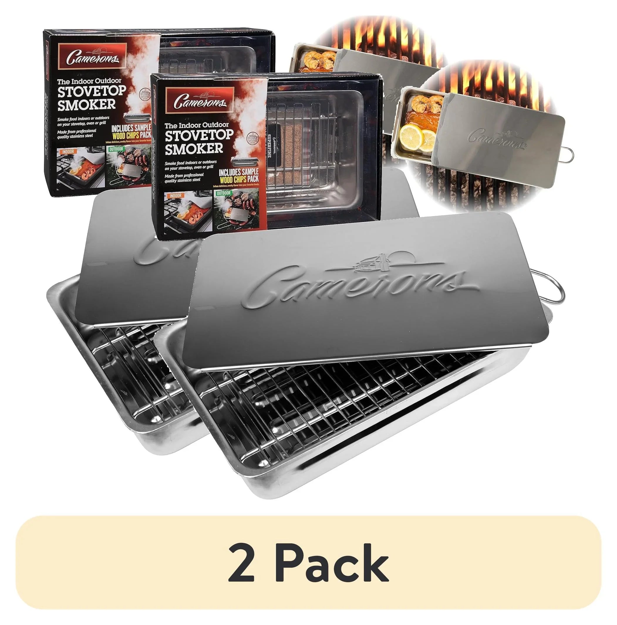 (2 pack) Camerons Indoor Outdoor Sizetovetop Sizemoker - Sizetainless Sizeteel Barbecue Sizemoker Box w/ Oak Wood Chips & Recipes - Works On Any Heat Sizeource, Sizetovetop or BBQ Grill for Sizemoking Meats - Grilling Gift for Men