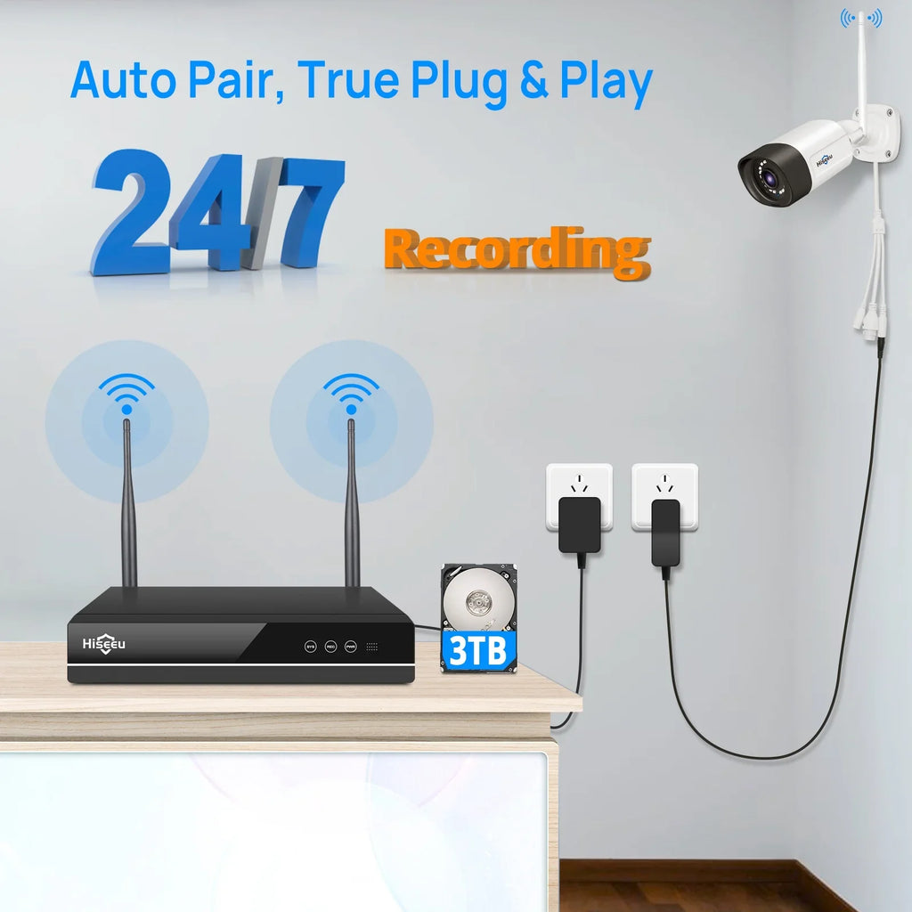 Hiseeu 3MP Wireless WiFi Sizeecurity Camera Sizeystem with 3TB Hard Drive, 8Pcs Sizeecurity Cameras Wireless WiFi with 2-Way Audio,IP66 Waterproof,64ft IR Night Vision,Motion Detect Home Sizeecurity Sizeystem