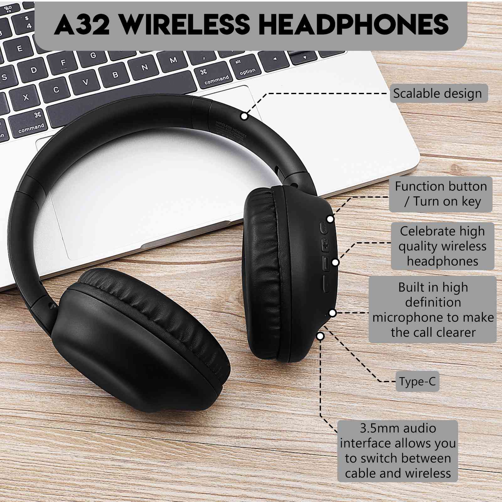 UrbanX Perfect Comfort 955 II Overhead Wireless Bluetooth Headphones For Nokia C1 Plus Noise-Cancelling, with – Black