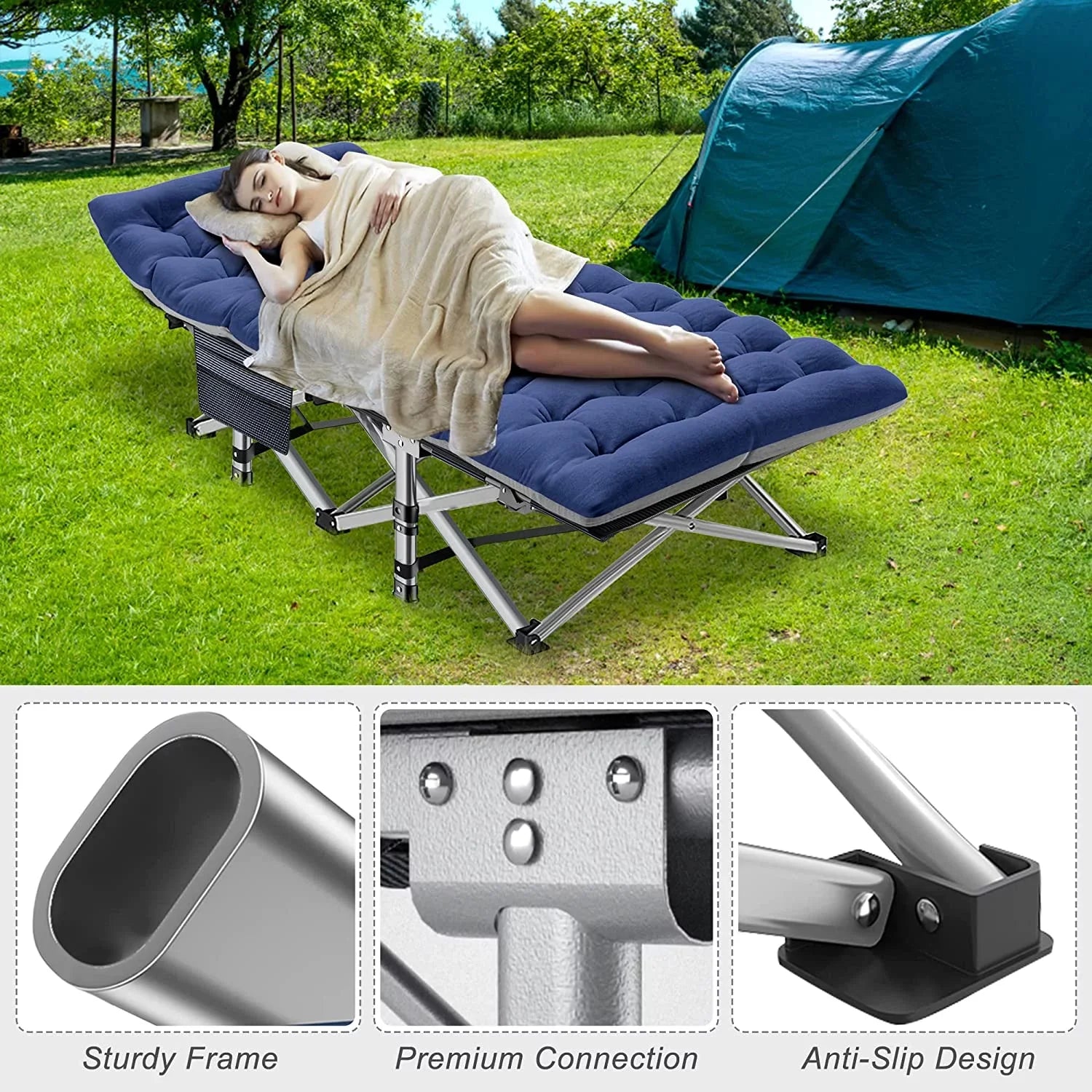 Heavy Duty Folding Camping Cot for Adults with Mat and Carry Bag - Outdoor Bed, 1200D Oxford Layer, Travel Camp Cots