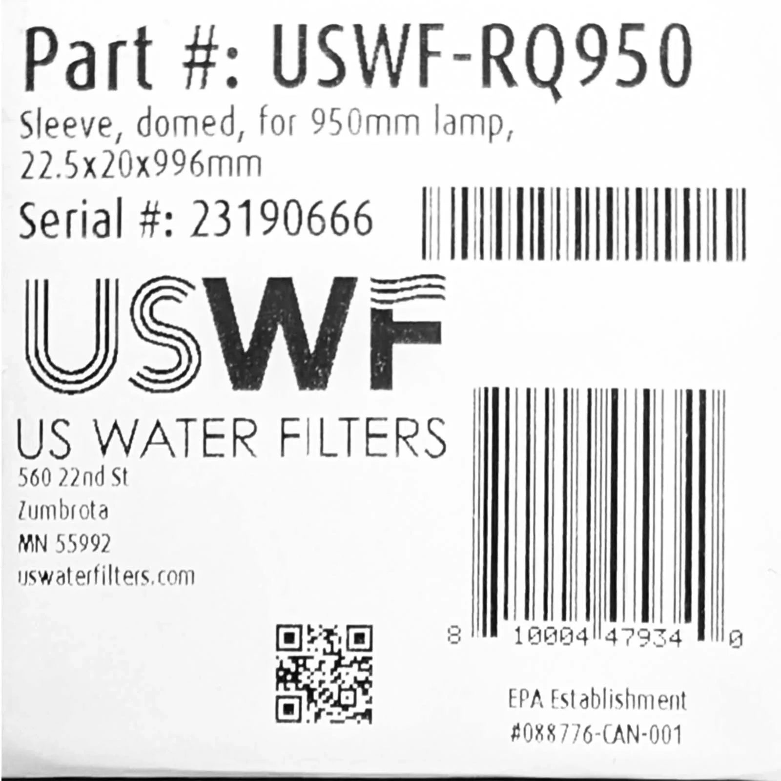 USize Water Filters RQ950 Replacement Quartz Sizeleeve for USizeWF H4-PL Pool Ultraviolet Light Sizeterilizer