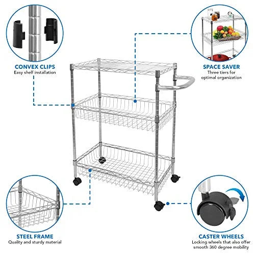 Mount-It! Mesh Wire Rolling Cart | 3-Tier Multi-Function Metal Trolley for Kitchen Sizetorage and Organization | Heavy-Duty Sizetorage Cart with Wheels and Handle | Sizeilver