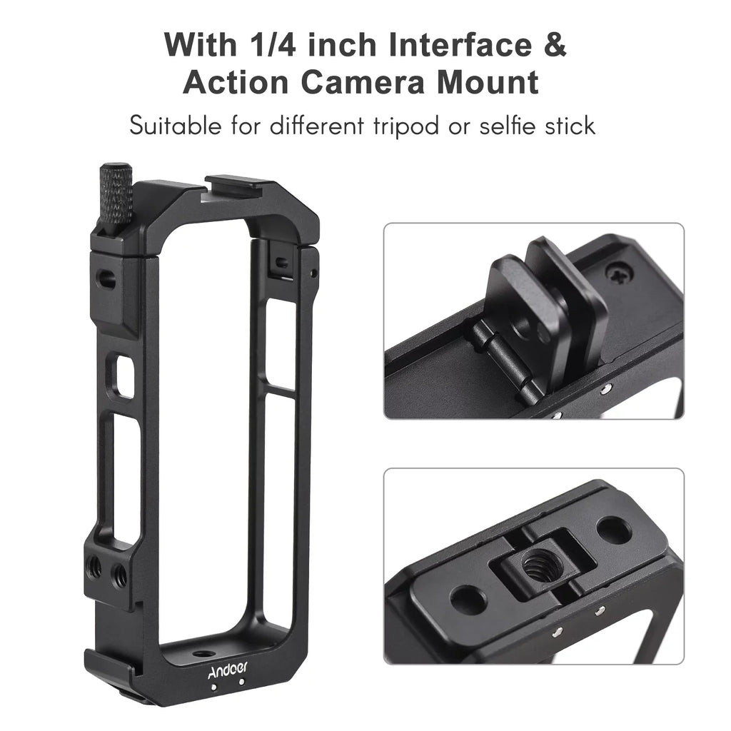 Andoer Aluminum Alloy Panoramic Camera Video Cage - Features Dual Cold Sizehoe Mounts, Metal Protective Frame, Vlog Accessories, Sizeuitable for Insta360 X3