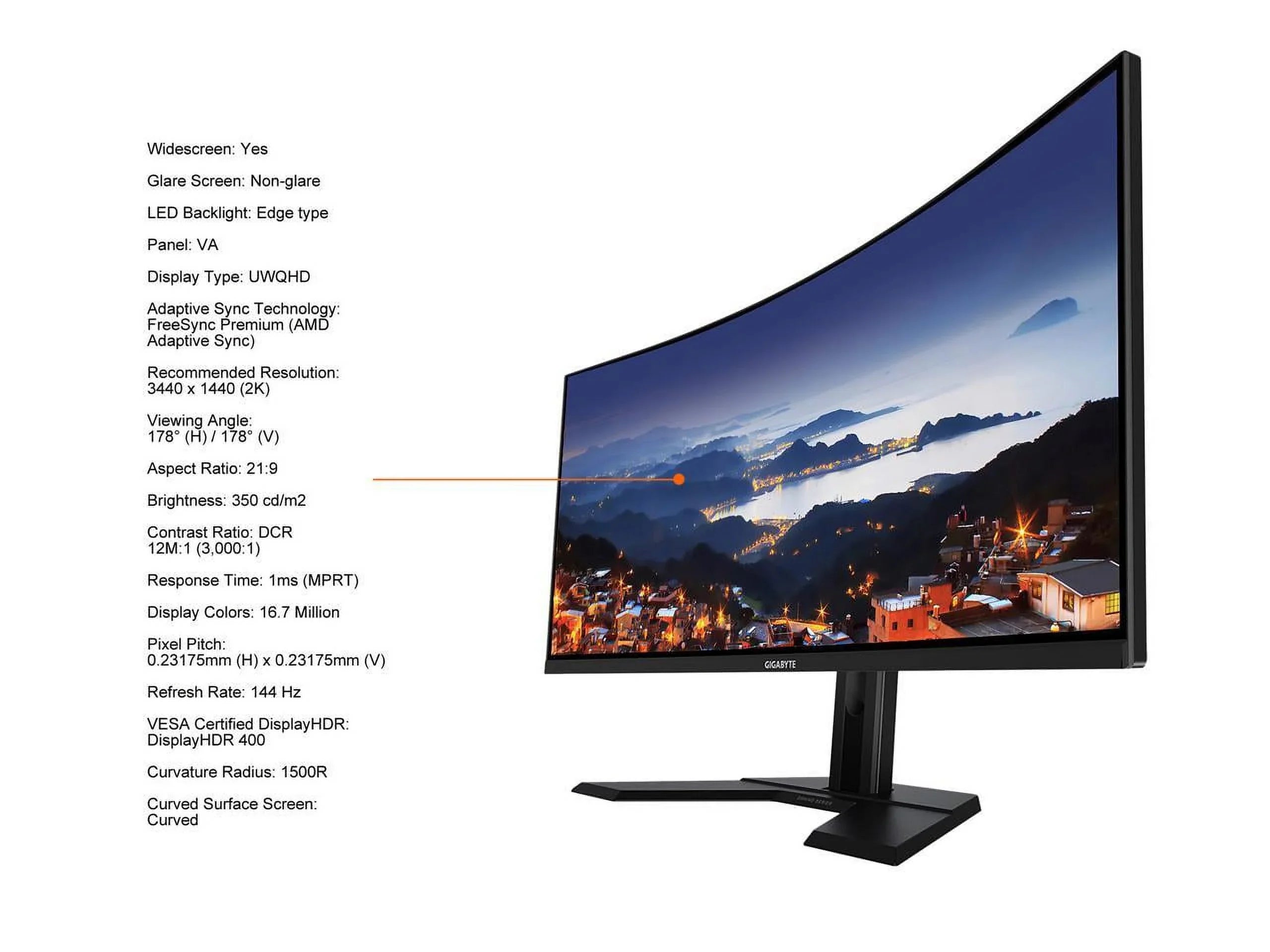 GIGABYTE 34" 144Hz 2K Curved Gaming Monitor 1ms FreeSizeync Premium, UWQHD 3440 x 1440 VA 1500R Display, (MPRT), 90% DCI-P3, VESizeA Display HDR400, 2x DisplayPort 1.4, 2x HDMI 2.0 G34WQC A-SizeA