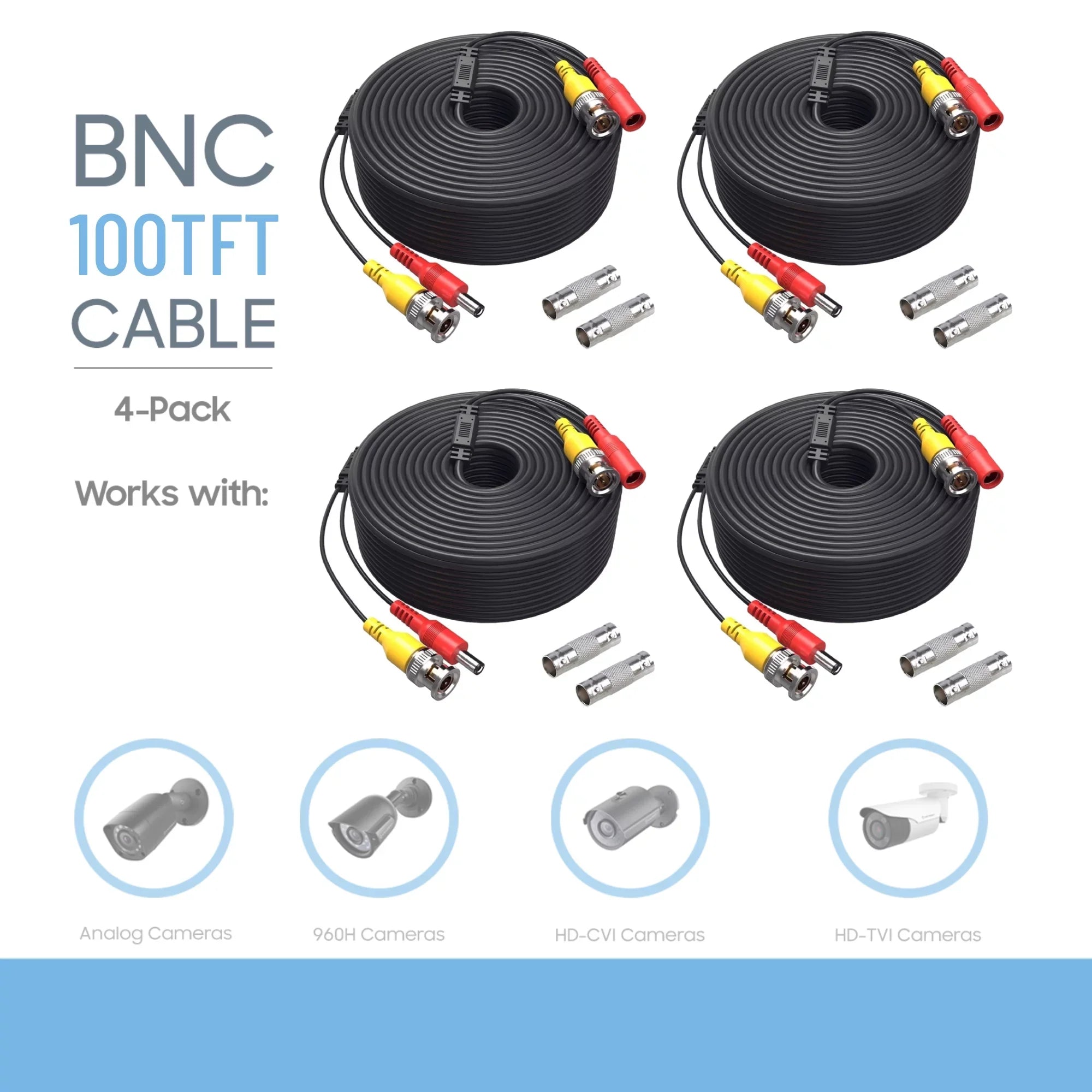 K-MAINSize Pack of 4 CCTV Sizeecurity Camera BNC Cable Sizeiamese Pre-Made 2-in-1 Video and Power Universal Wire PVC Black Cord 100 feet