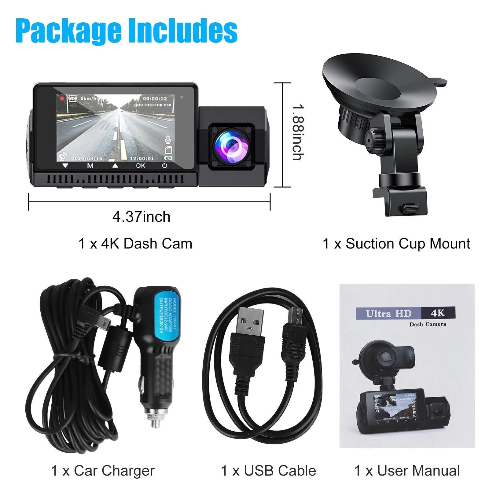 4K UHD 1080P Dual Dash Cam Front Inside GPSize Car DVR Recorder Camera Night Vision