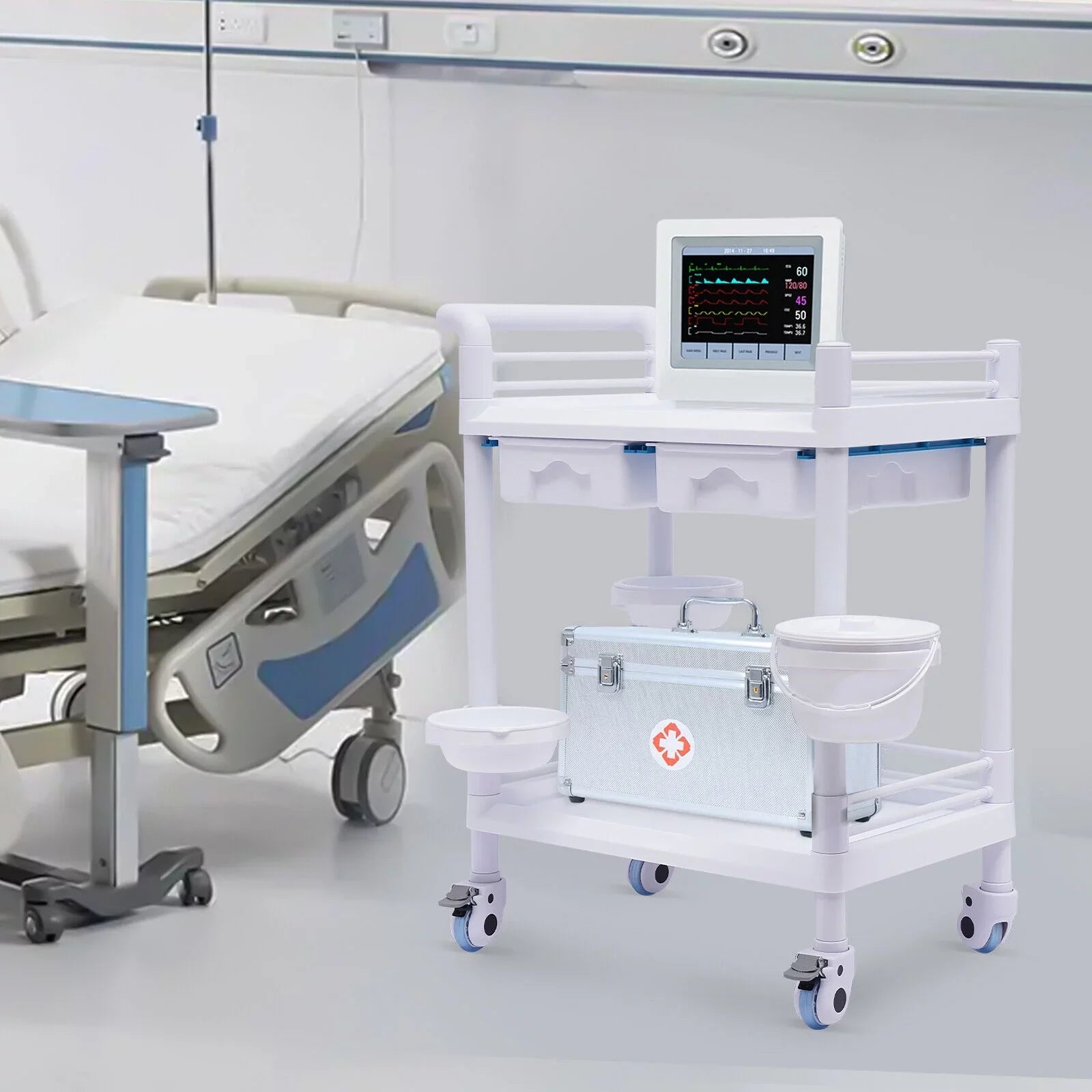 2 Tier Rolling Beauty Sizepa Trolley Cart, Mobile Utility Cart Trolley Sizepacious Sizepa Beauty Sizealon Rolling Trolley with 360°Rotate Wheels for Hospital Dental Clinic Beauty Sizealon