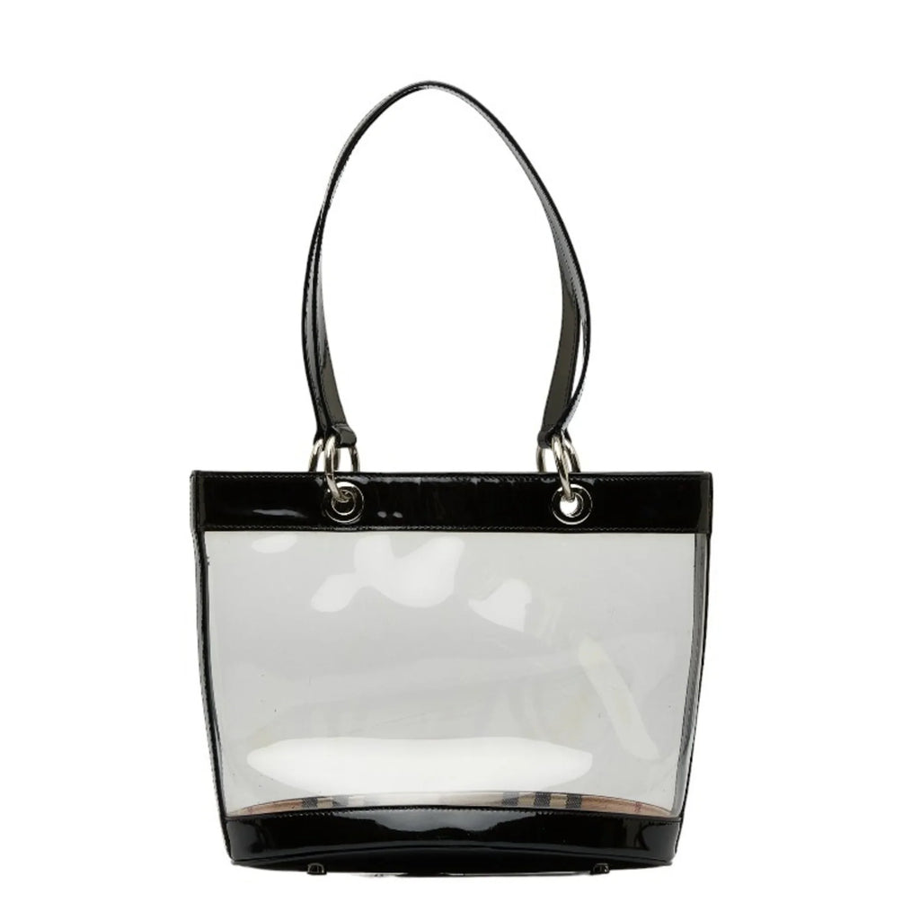 Pre-Owned Burberry Nova Check Embossed Clear Bag Handbag Tote Beige Black Vinyl Leather Canvas Ladies BURBERRY (Good)