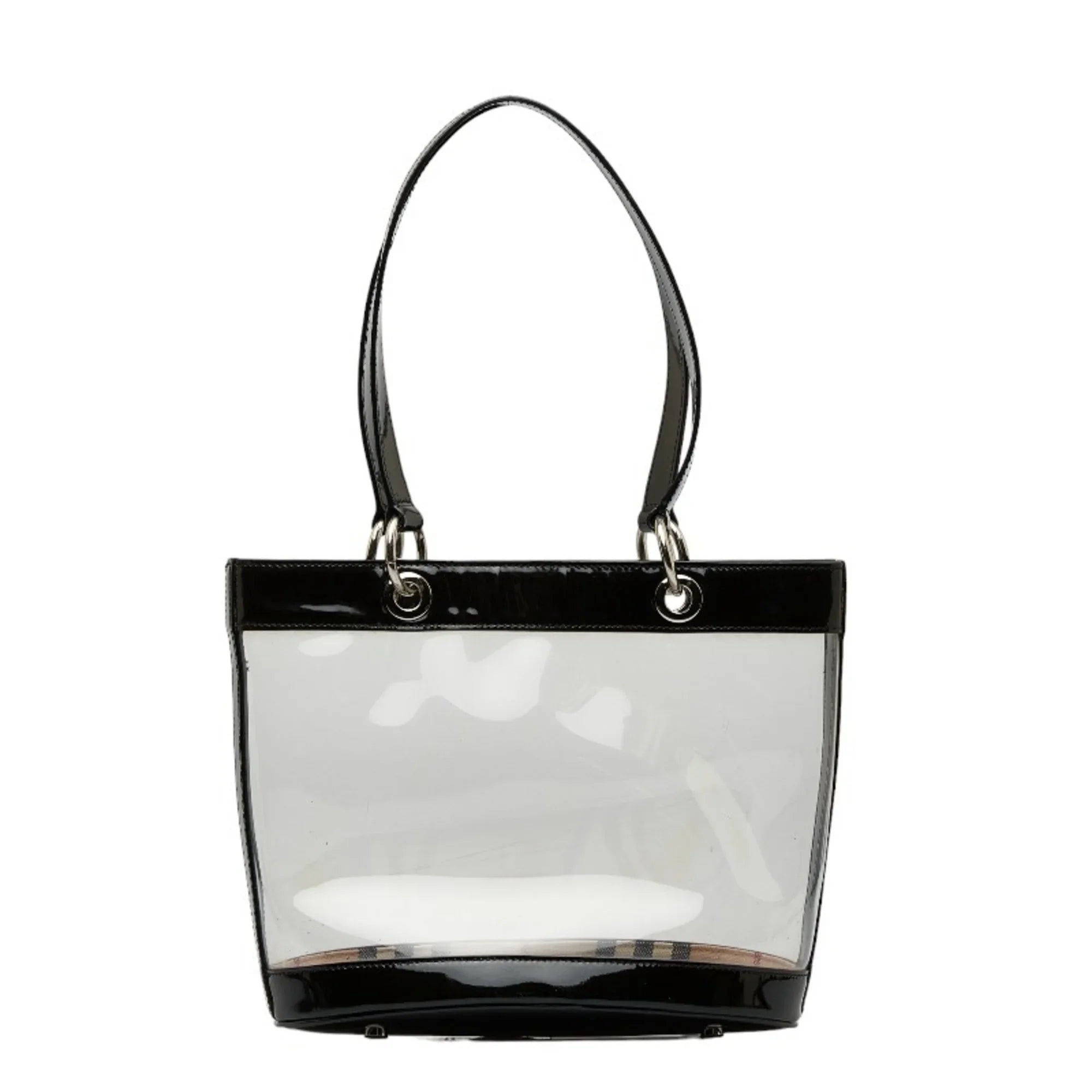 Pre-Owned Burberry Nova Check Embossed Clear Bag Handbag Tote Beige Black Vinyl Leather Canvas Ladies BURBERRY (Good)